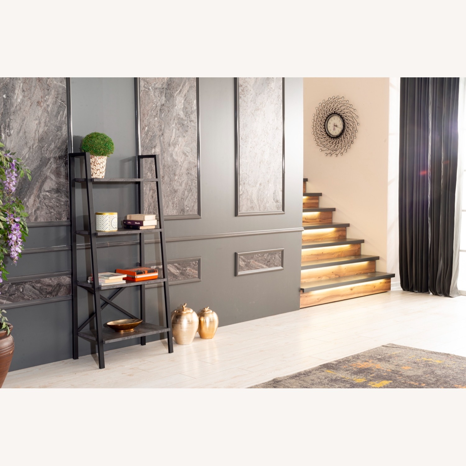 Modern Gray Metal & Wood Ladder Bookcase – 4-Tier - image-1