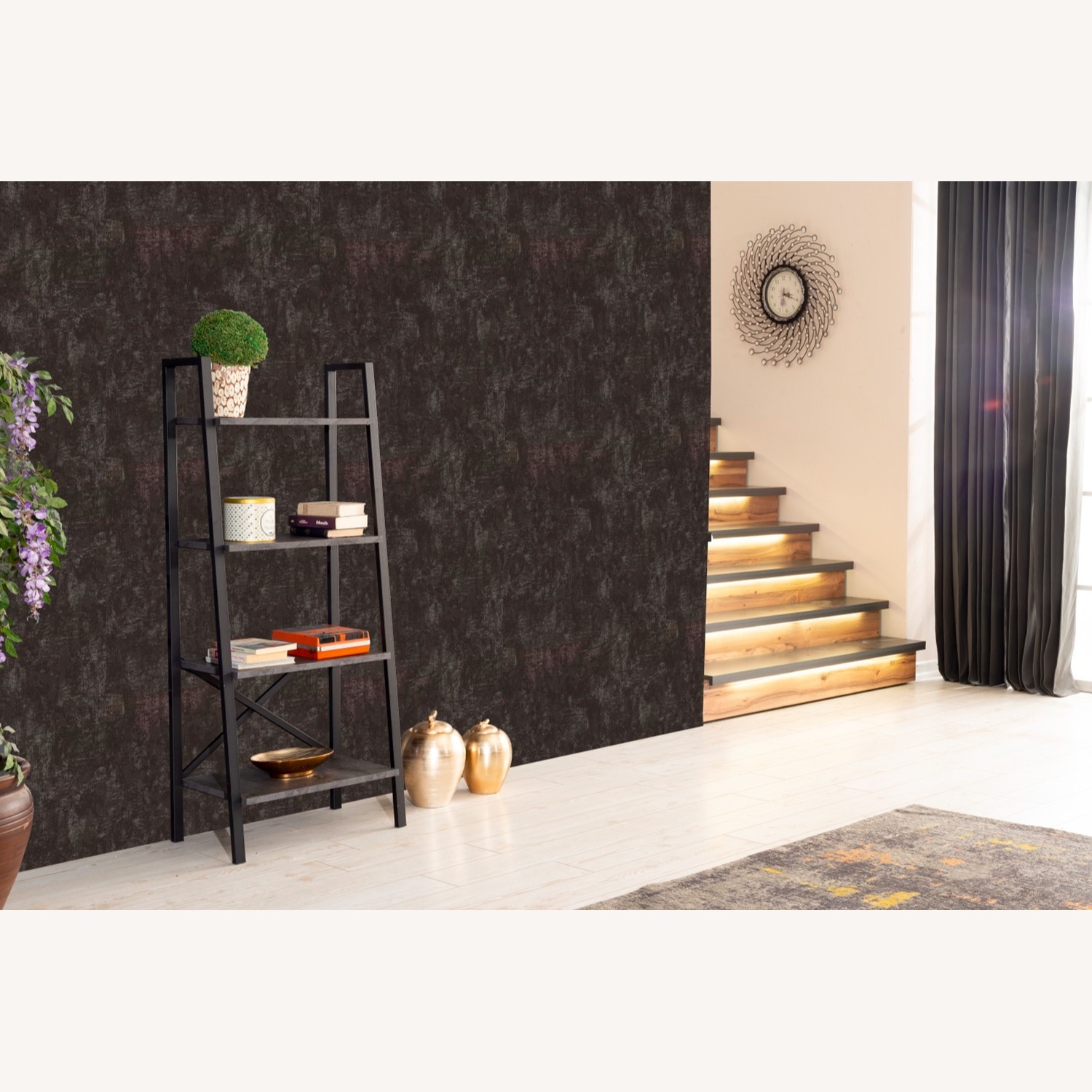 Modern Gray Metal & Wood Ladder Bookcase – 4-Tier - image-3