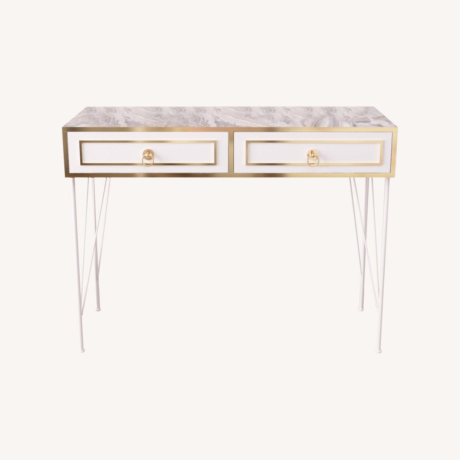 White & Gold Marble Console Table with 2 Drawers - image-0