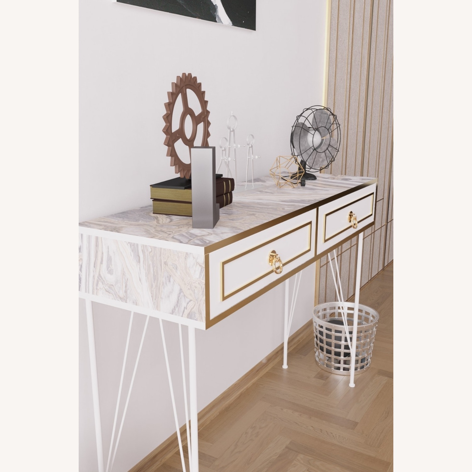 White & Gold Marble Console Table with 2 Drawers - image-2