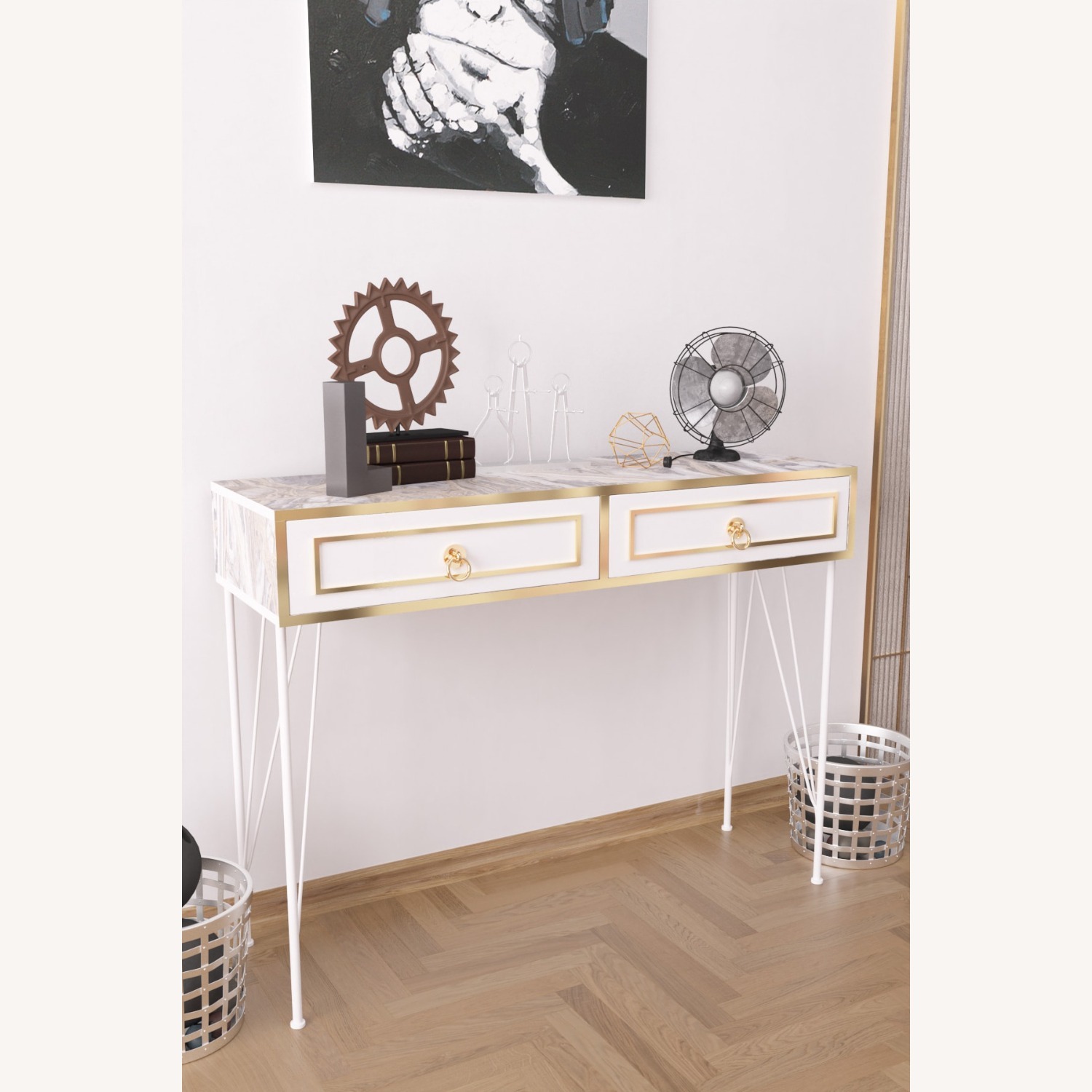 White & Gold Marble Console Table with 2 Drawers - image-3
