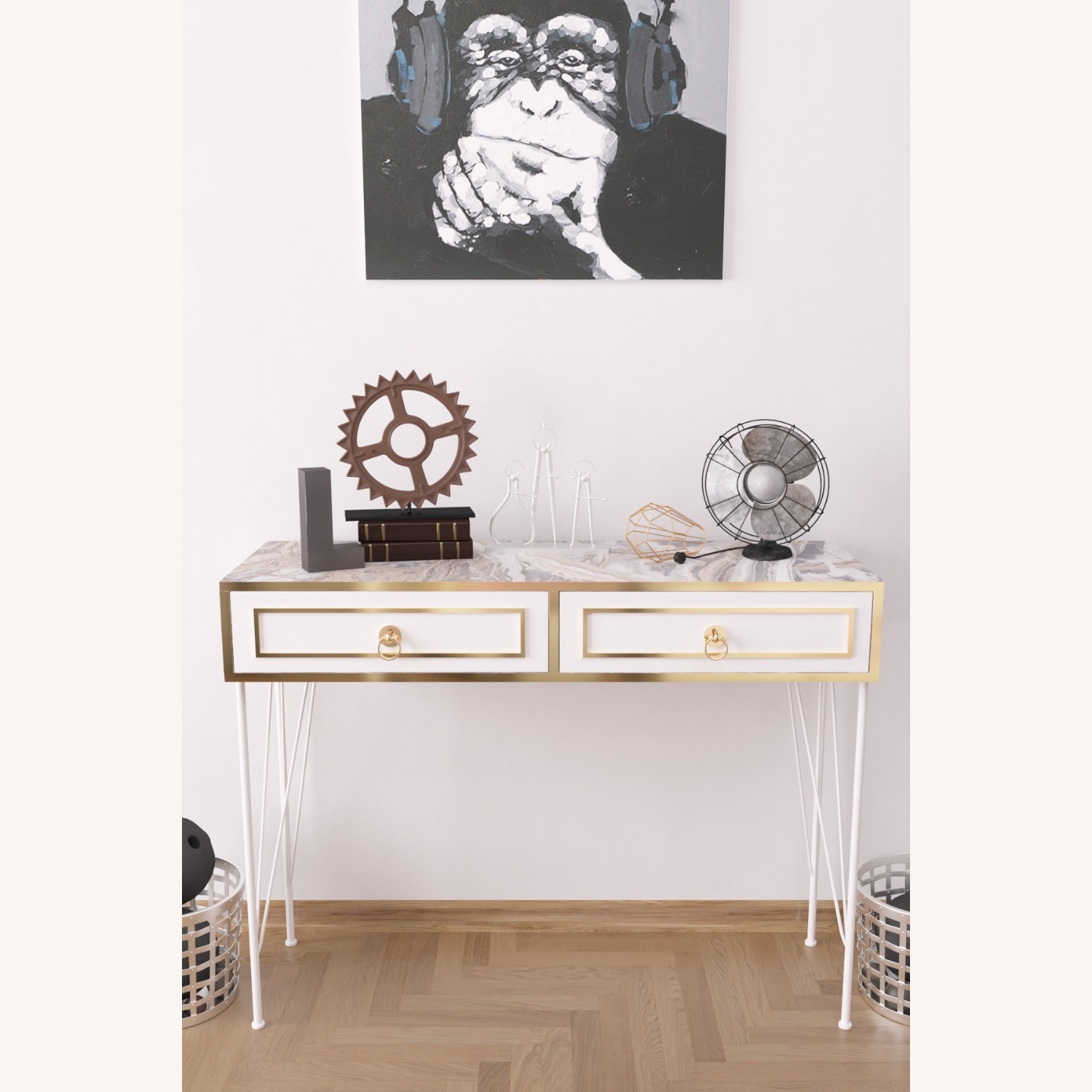 White & Gold Marble Console Table with 2 Drawers - image-4