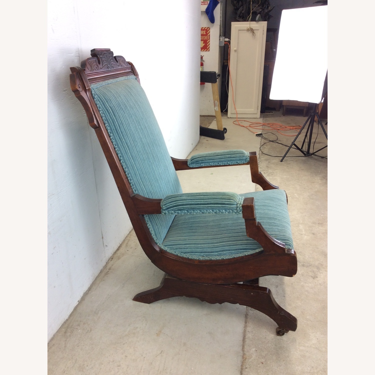 Antique Upholstered Rocking Chair with Carved Wood - image-9