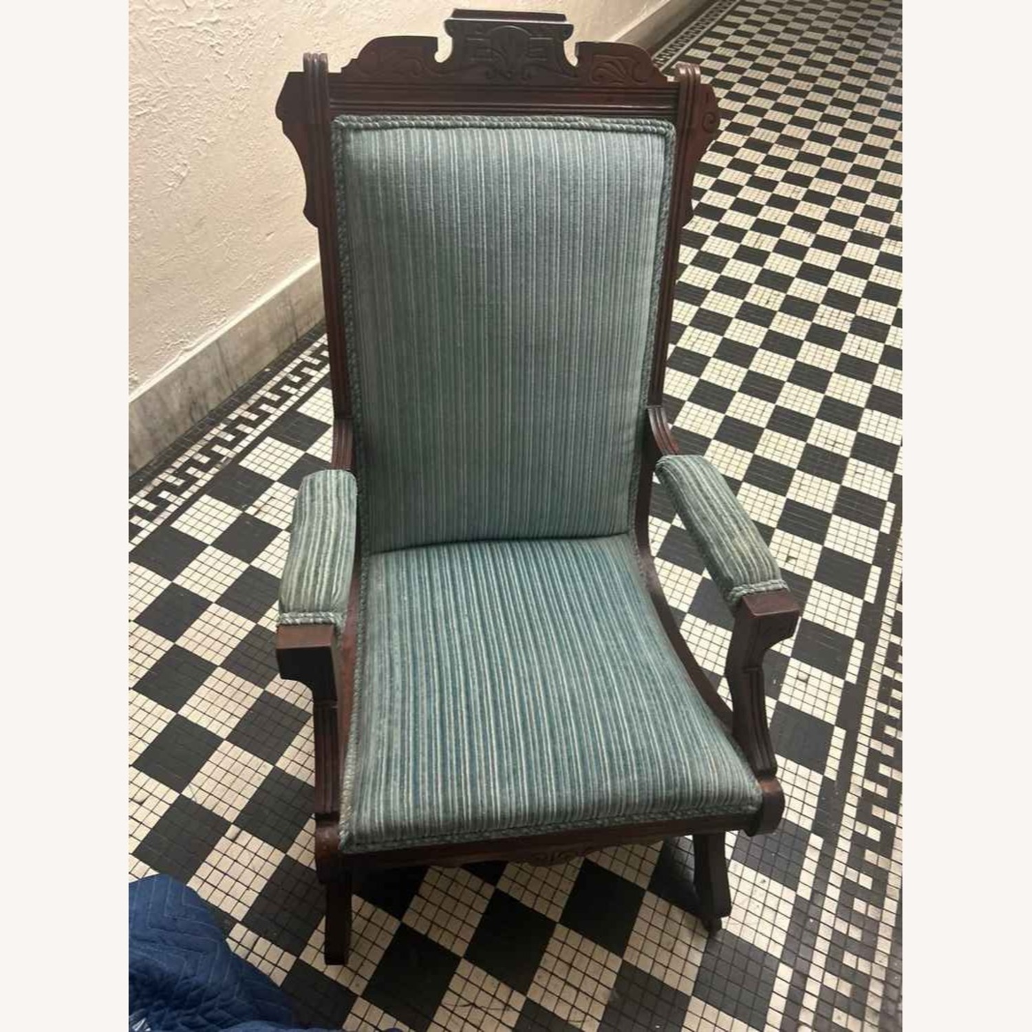 Antique Upholstered Rocking Chair with Carved Wood - image-13