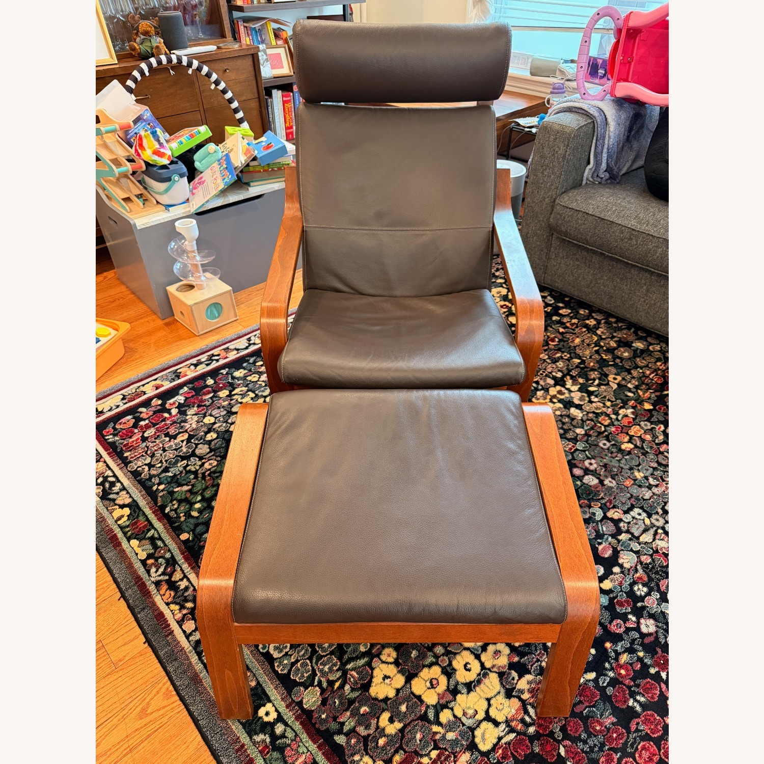 IKEA Poang Dark Brown Leather Armchair and Ottoman - image-2
