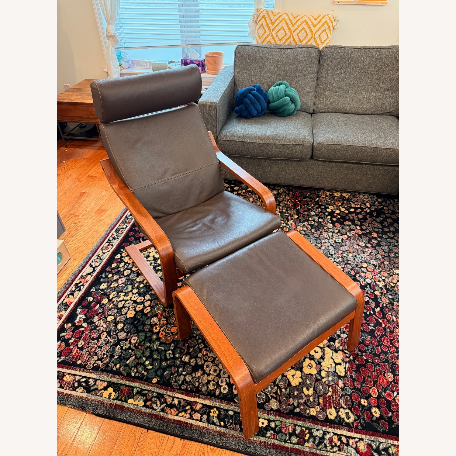 IKEA Poang Dark Brown Leather Armchair and Ottoman - image-1