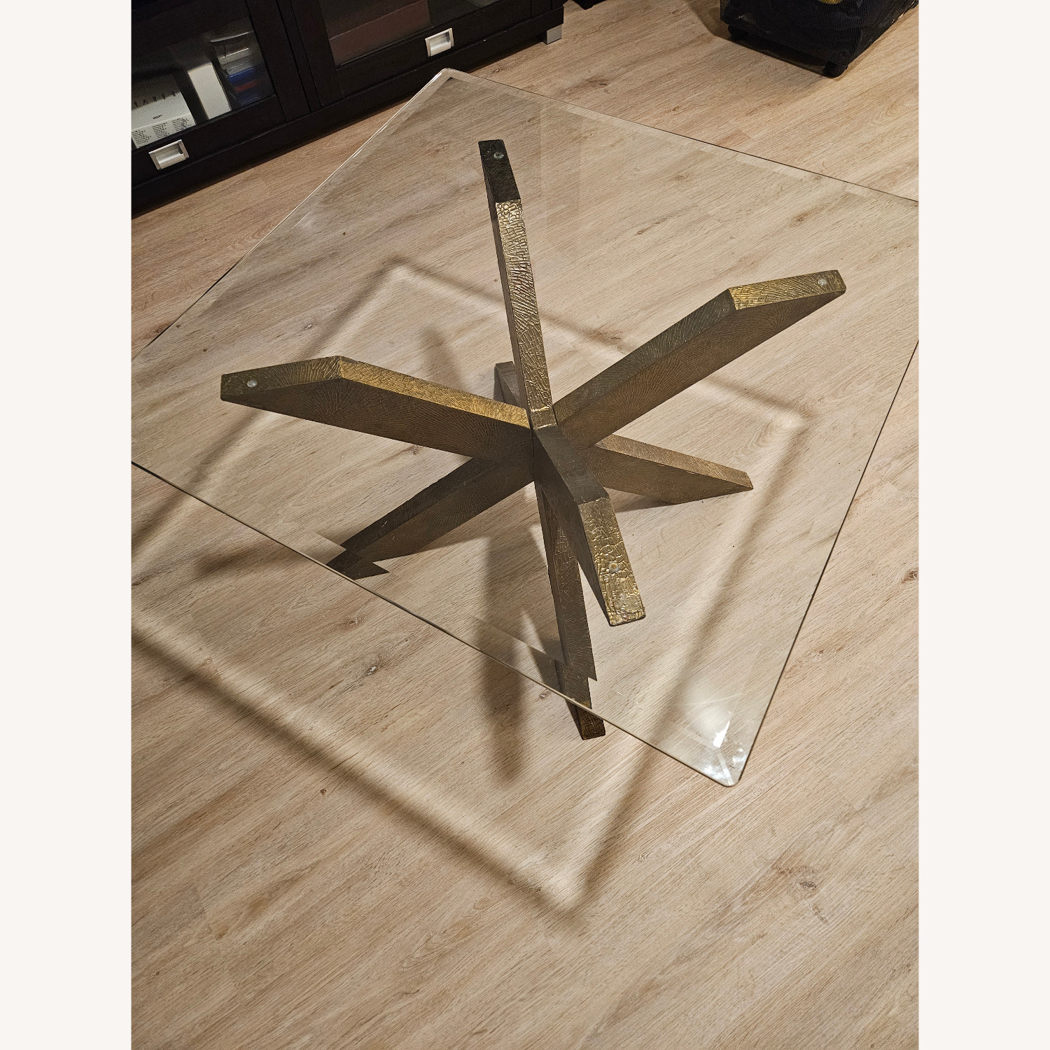 Glass Coffee Table with Gold Plated Wood X-base - image-1