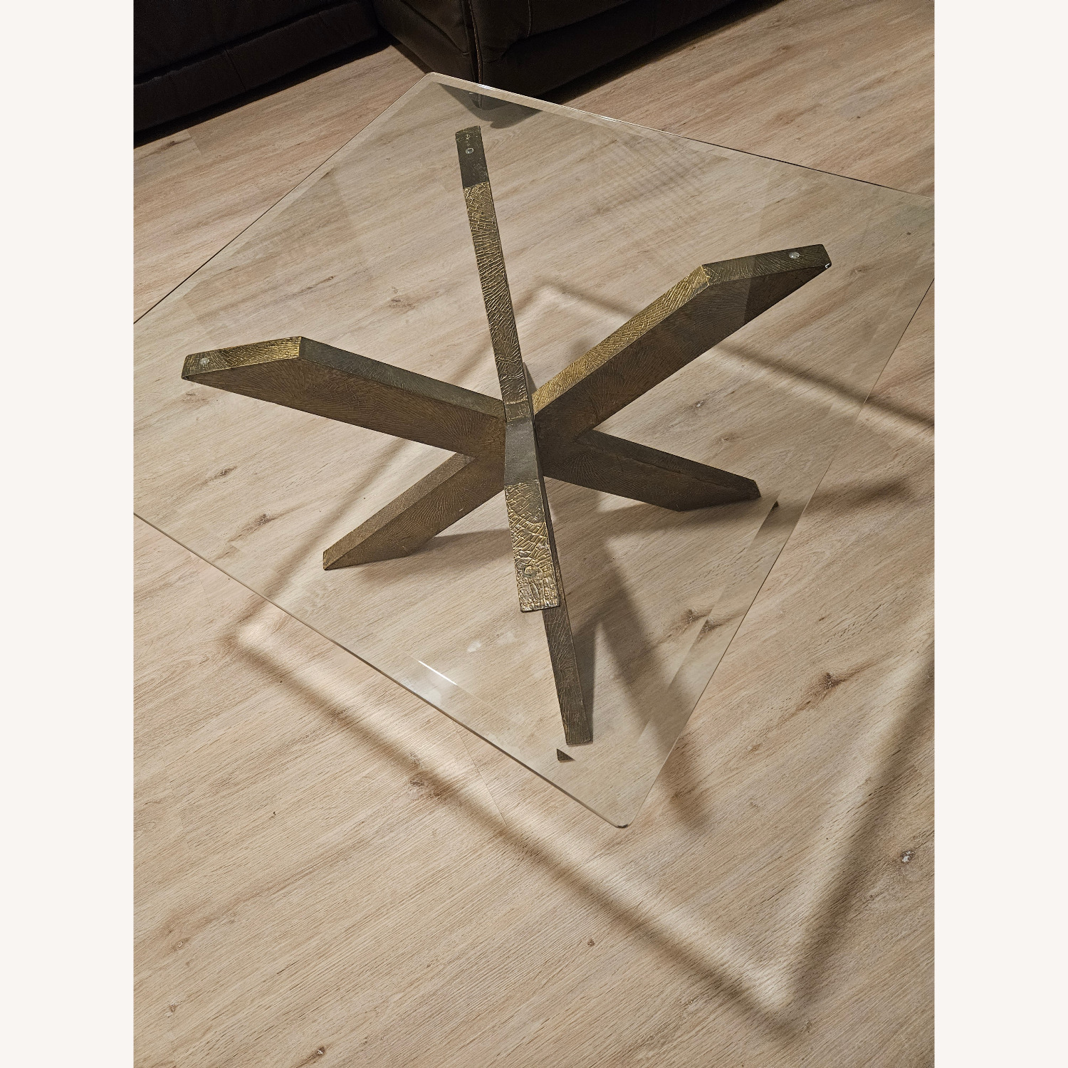 Glass Coffee Table with Gold Plated Wood X-base - image-3