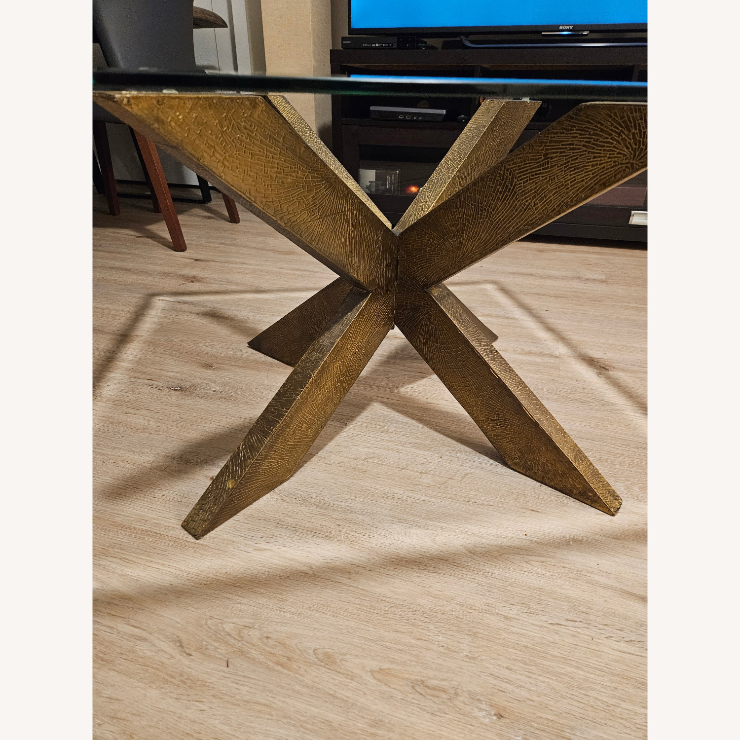 Glass Coffee Table with Gold Plated Wood X-base - image-2