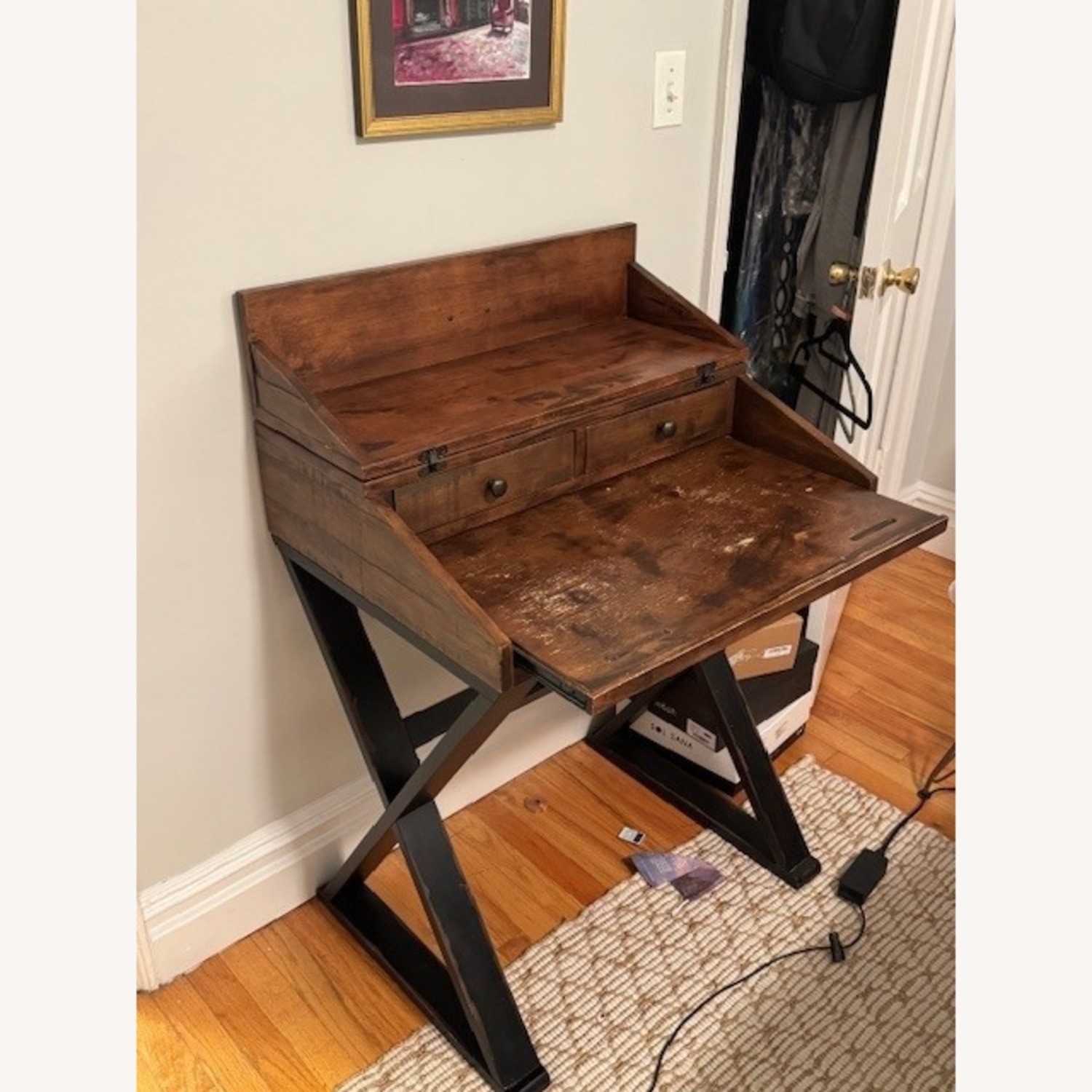 World Market Distressed Antique Cognac and Black Wood Secretary Desk - image-5