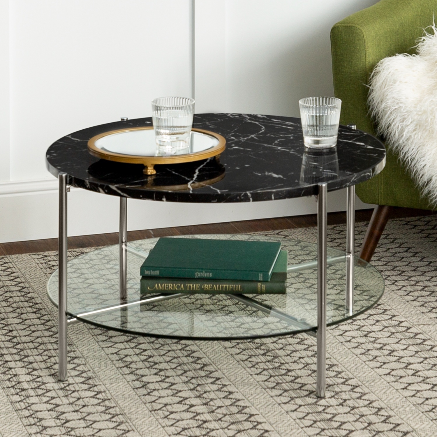 Wayfair Black Faux-Marble Coffee Table with Glass Shelf - image-4