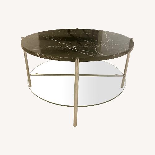 Used Wayfair Black Faux-Marble Coffee Table with Glass Shelf for sale on AptDeco