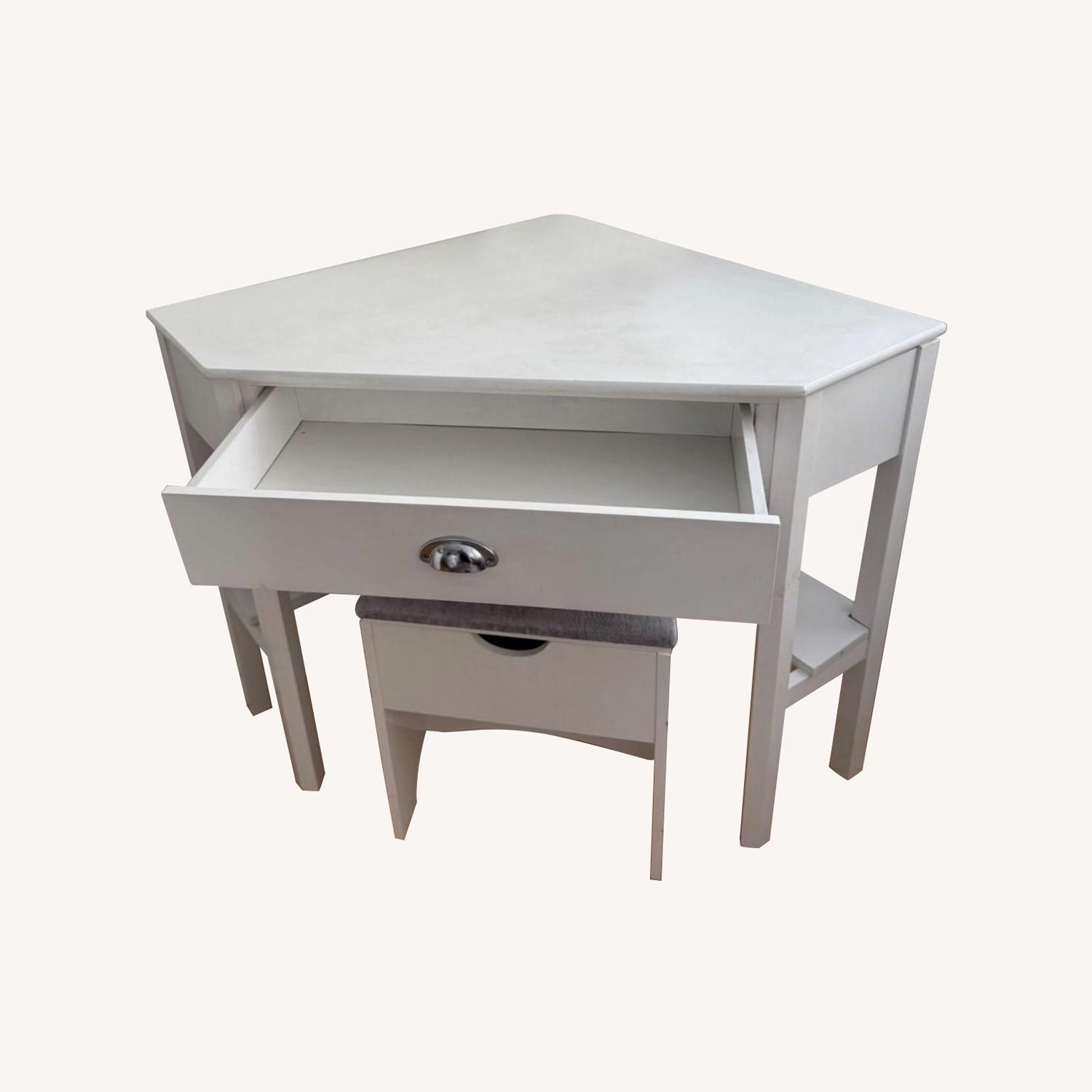 White Corner Vanity Table Desk With Storage Stool - image-0