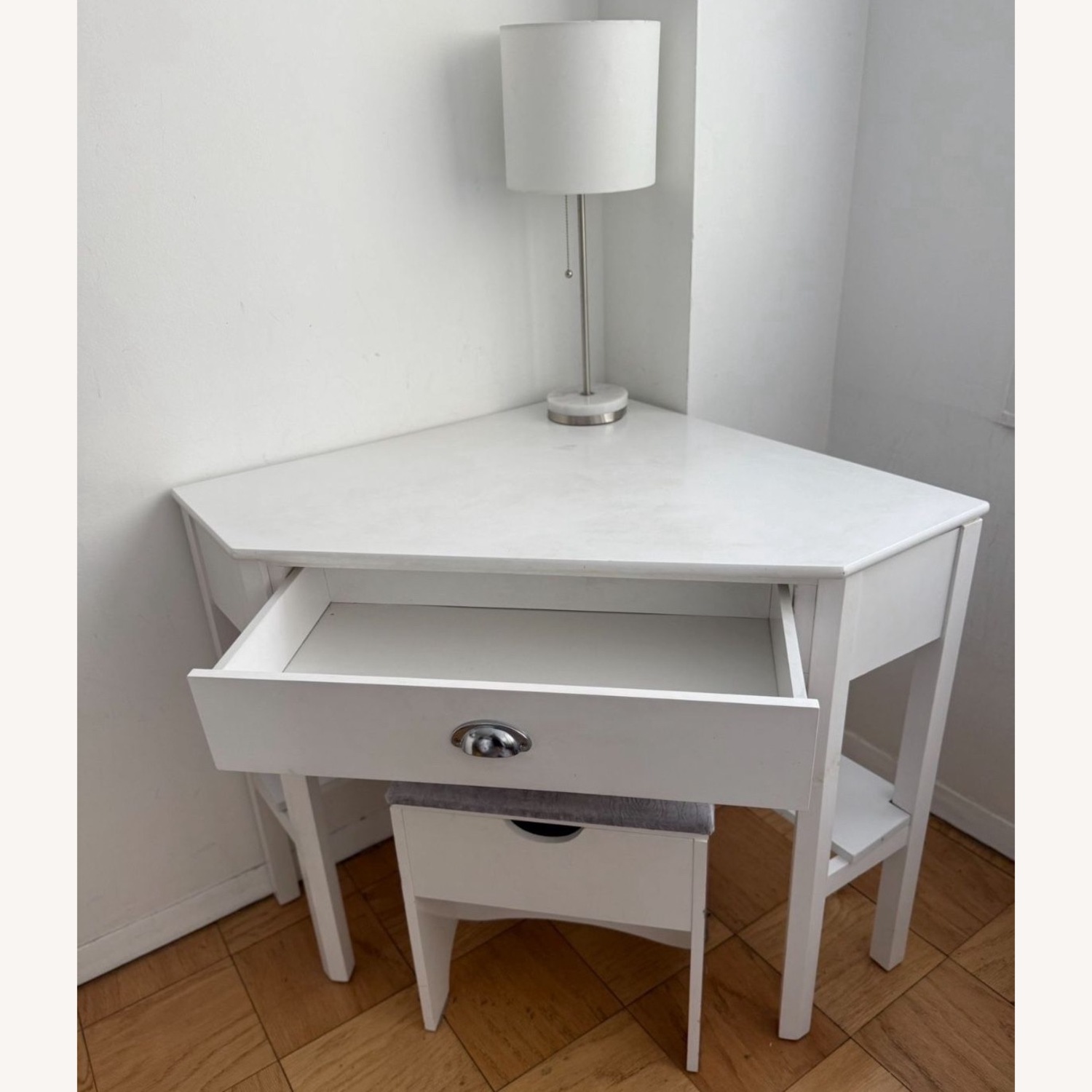 White Corner Vanity Table Desk With Storage Stool - image-1