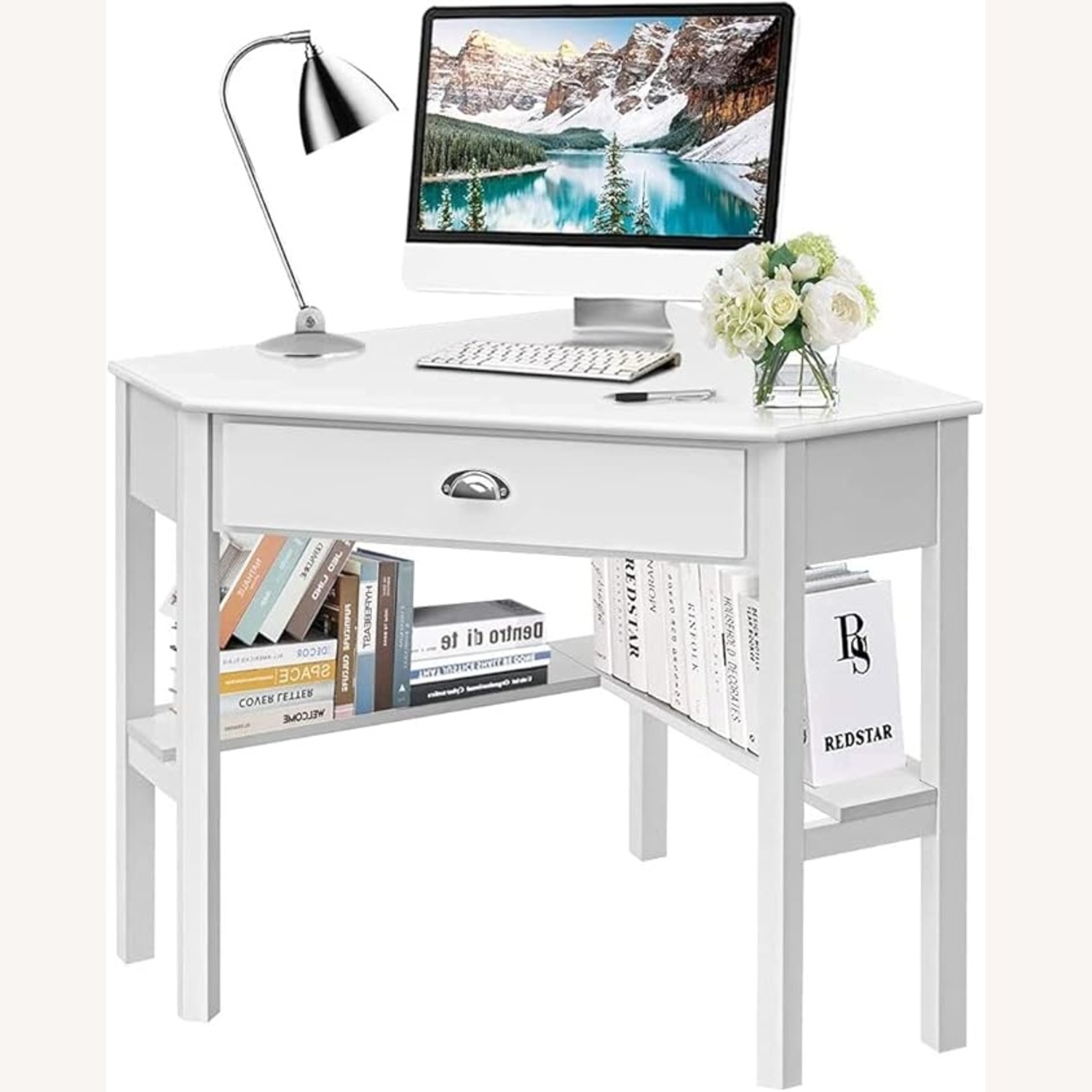 White Corner Vanity Table Desk With Storage Stool - image-6