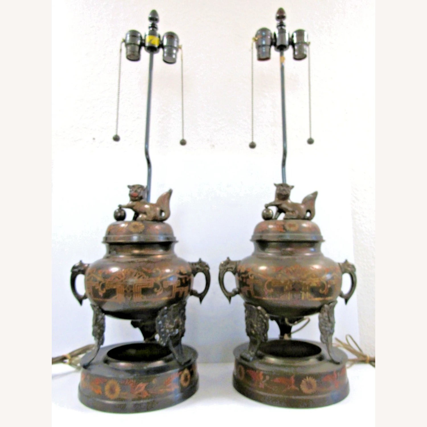 1960s Marbro Bronze Censer Lamps Foo Dogs - image-3