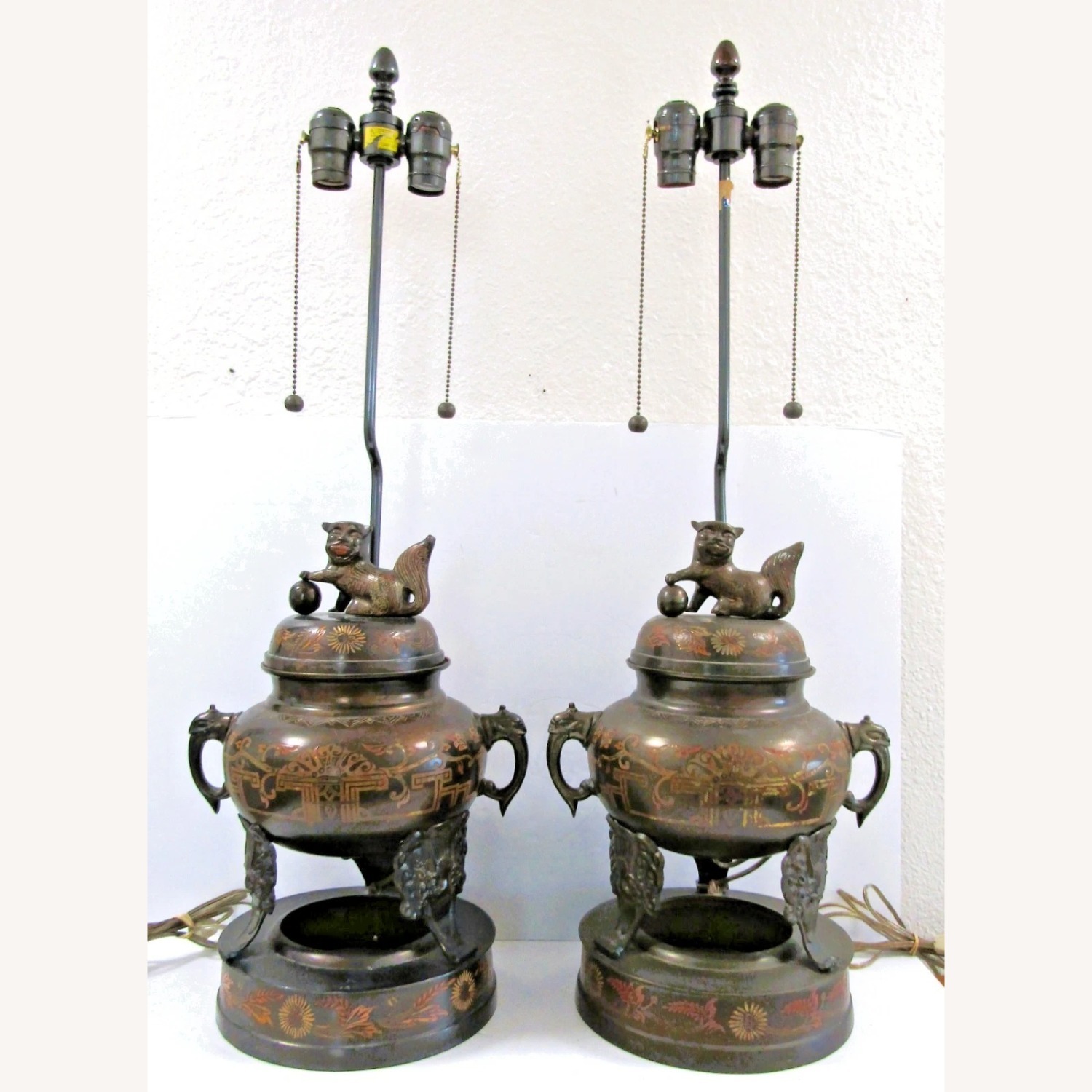 1960s Marbro Bronze Censer Lamps Foo Dogs - image-1