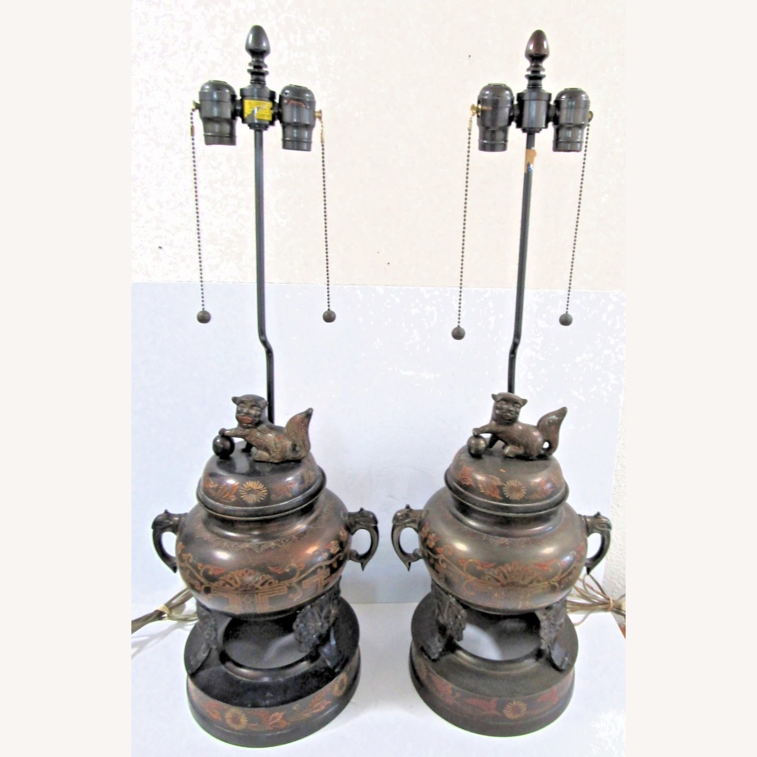 1960s Marbro Bronze Censer Lamps Foo Dogs - image-2