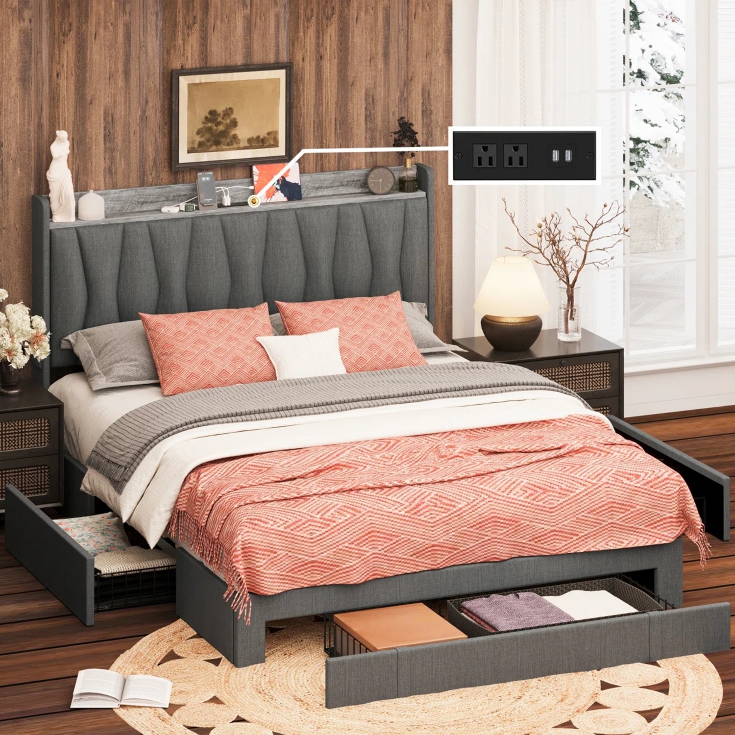 Dark Gray Jute Queen Bed - image-4