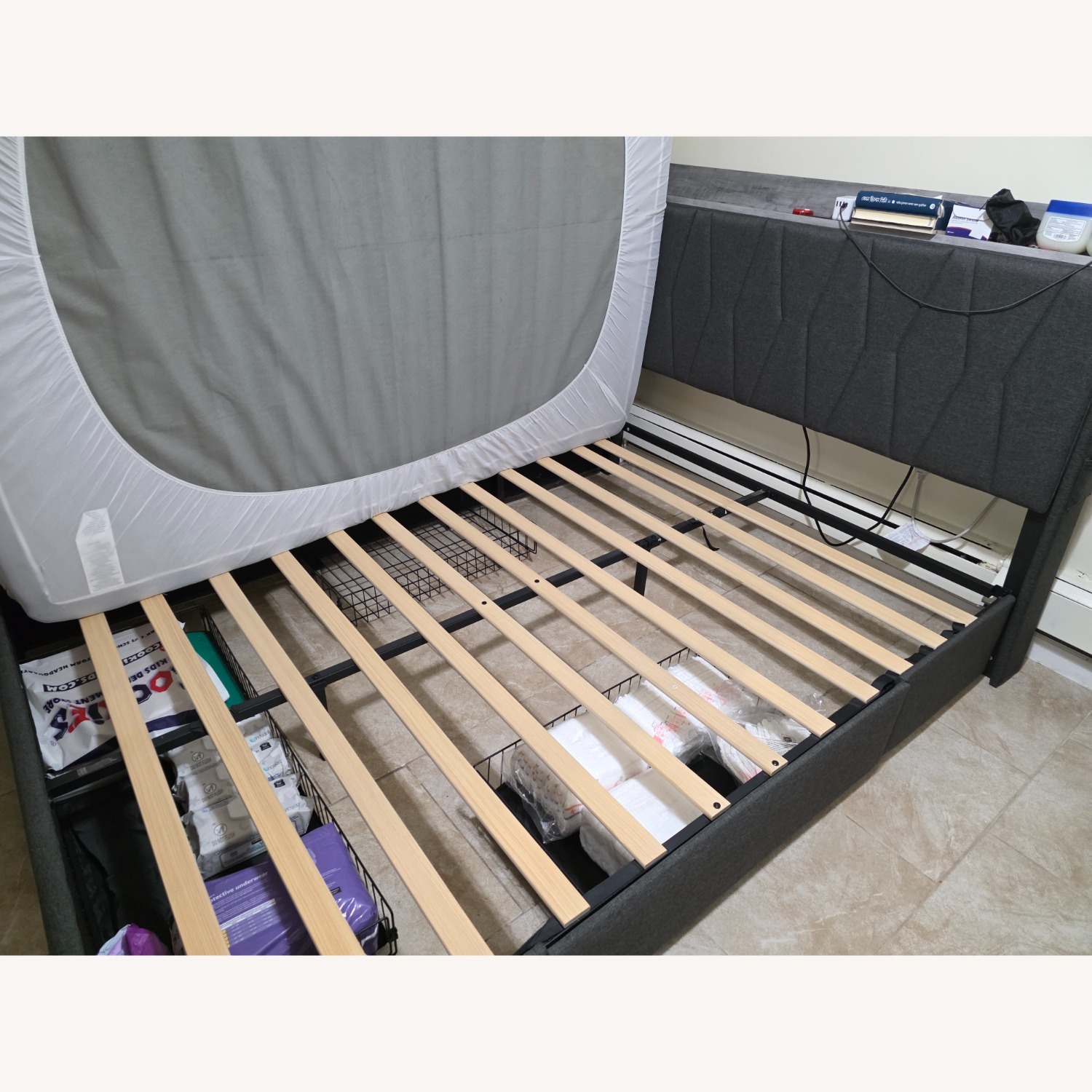 Dark Gray Jute Queen Bed - image-1