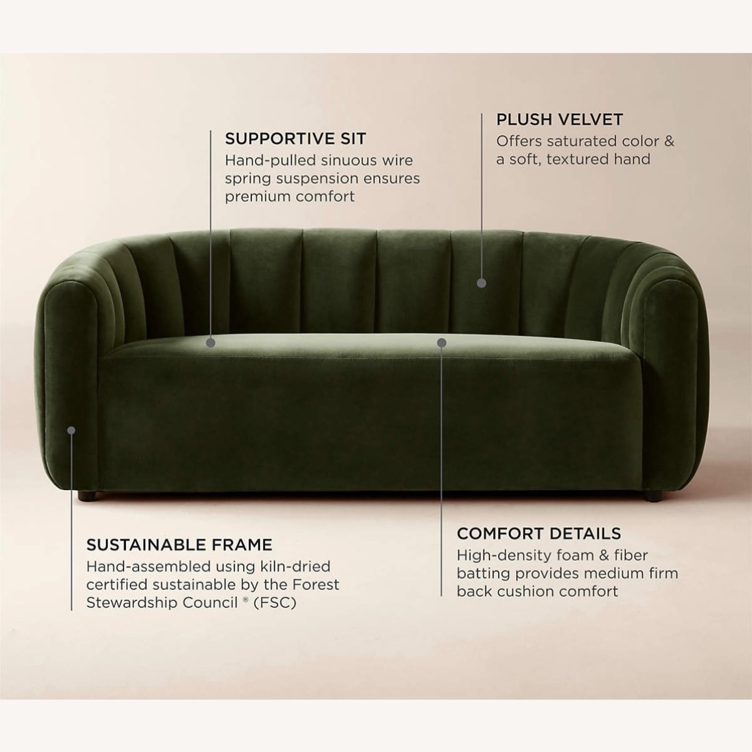 CB2 Fitz 72.5" Channeled Green Velvet Loveseat - image-11