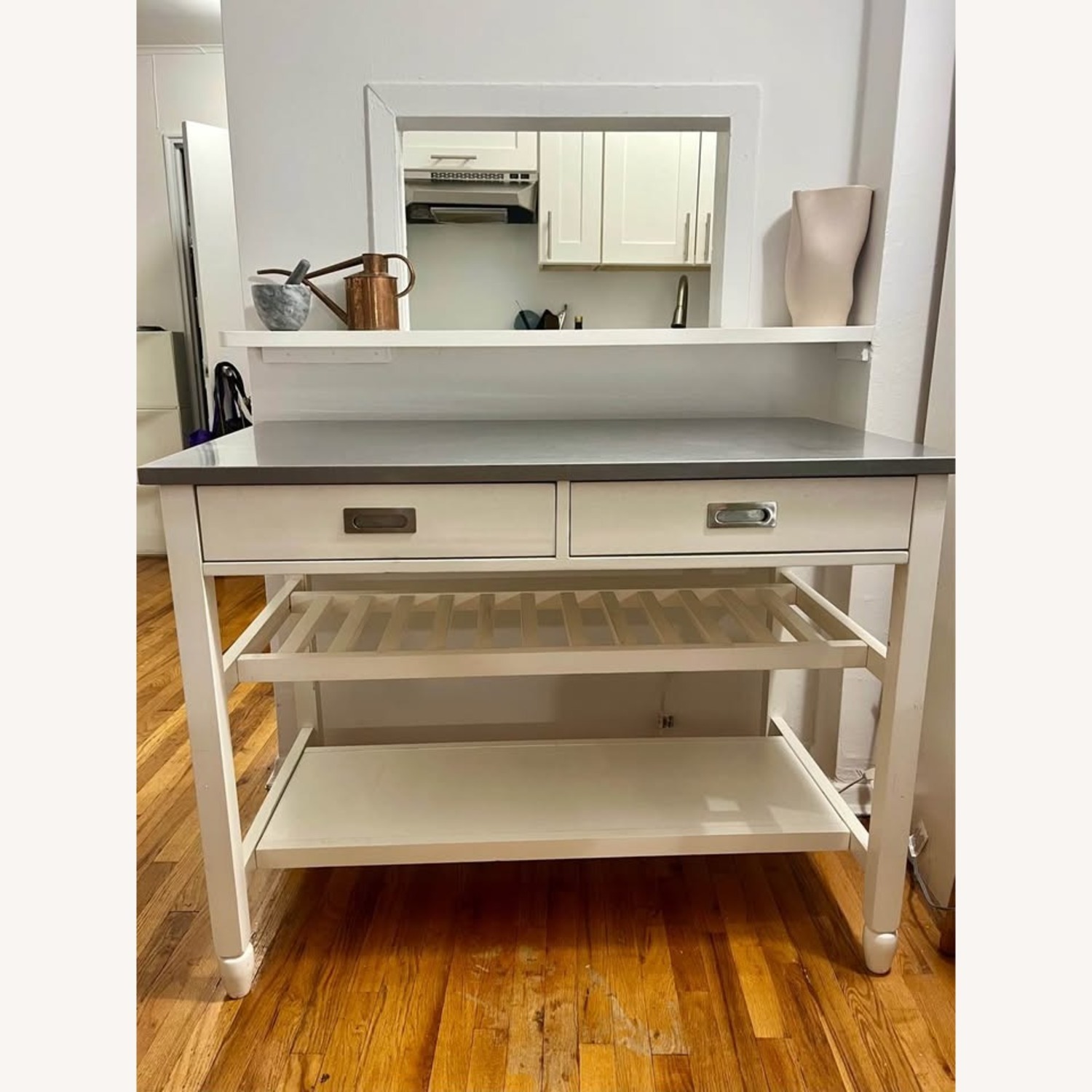 White Kitchen Island Stainless Steel Drop Leaf Top - image-1