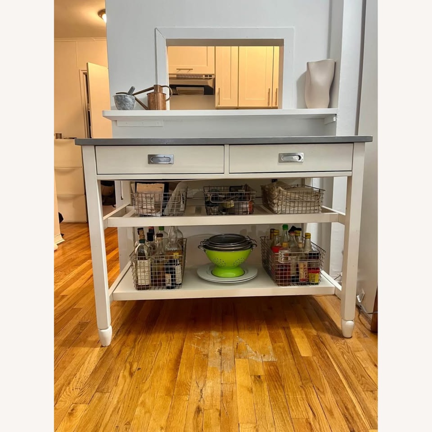 White Kitchen Island Stainless Steel Drop Leaf Top - image-2