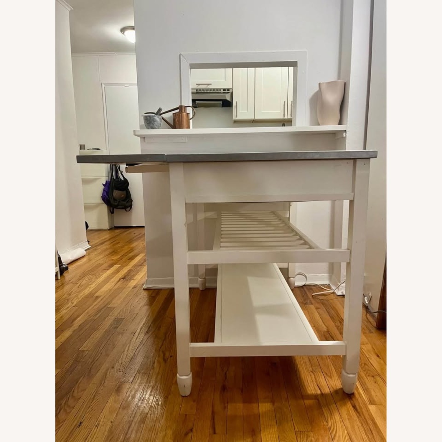 White Kitchen Island Stainless Steel Drop Leaf Top - image-5