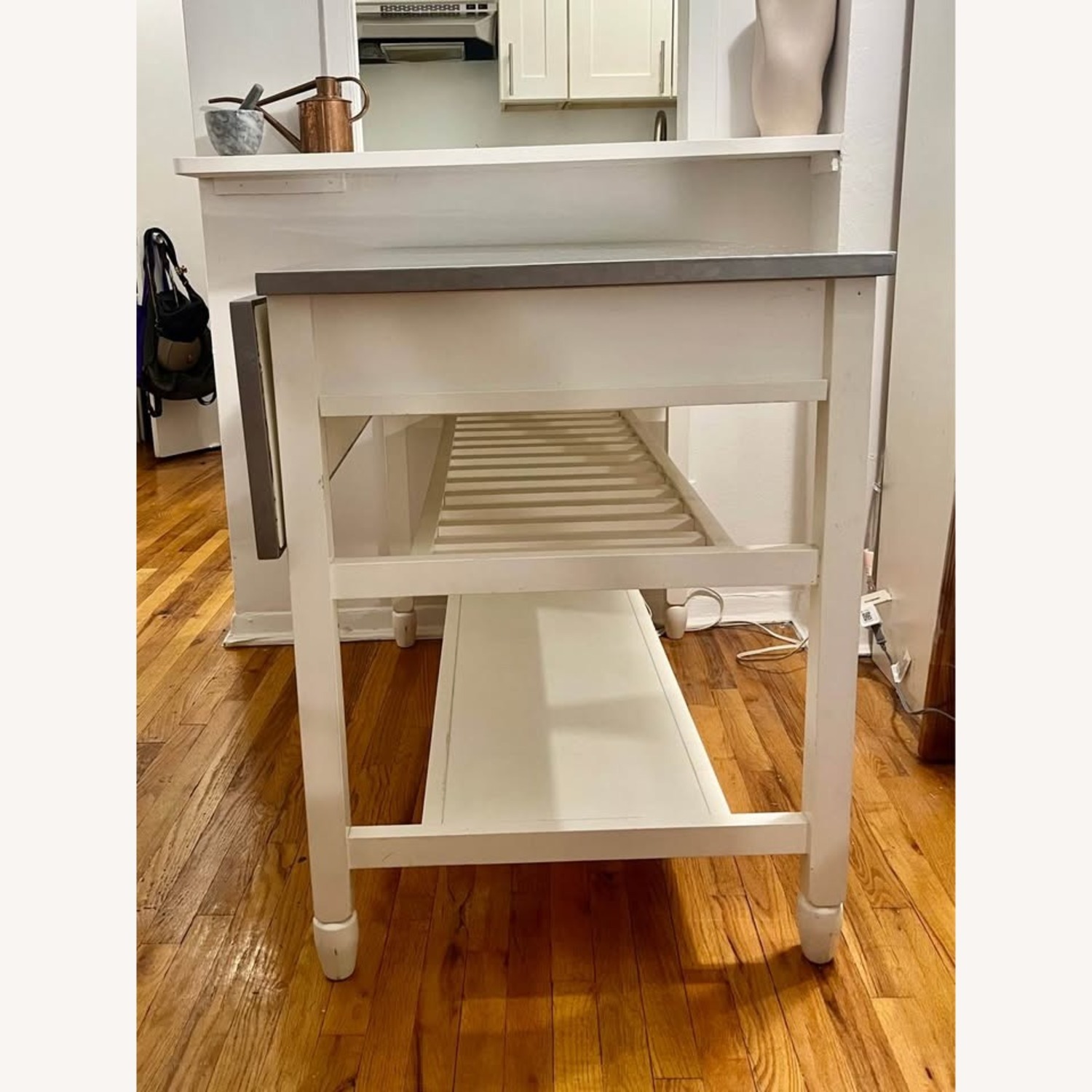 White Kitchen Island Stainless Steel Drop Leaf Top - image-4