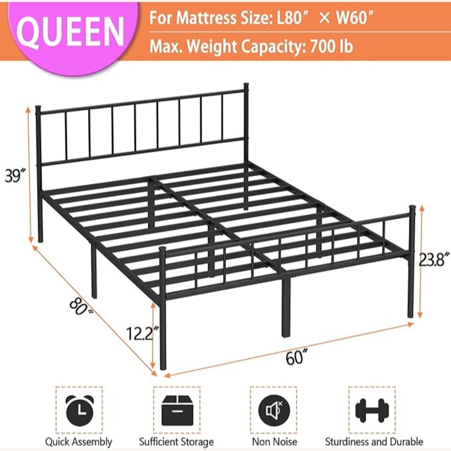 Queen Sized Bed + Black Metal Bed Frame - image-1