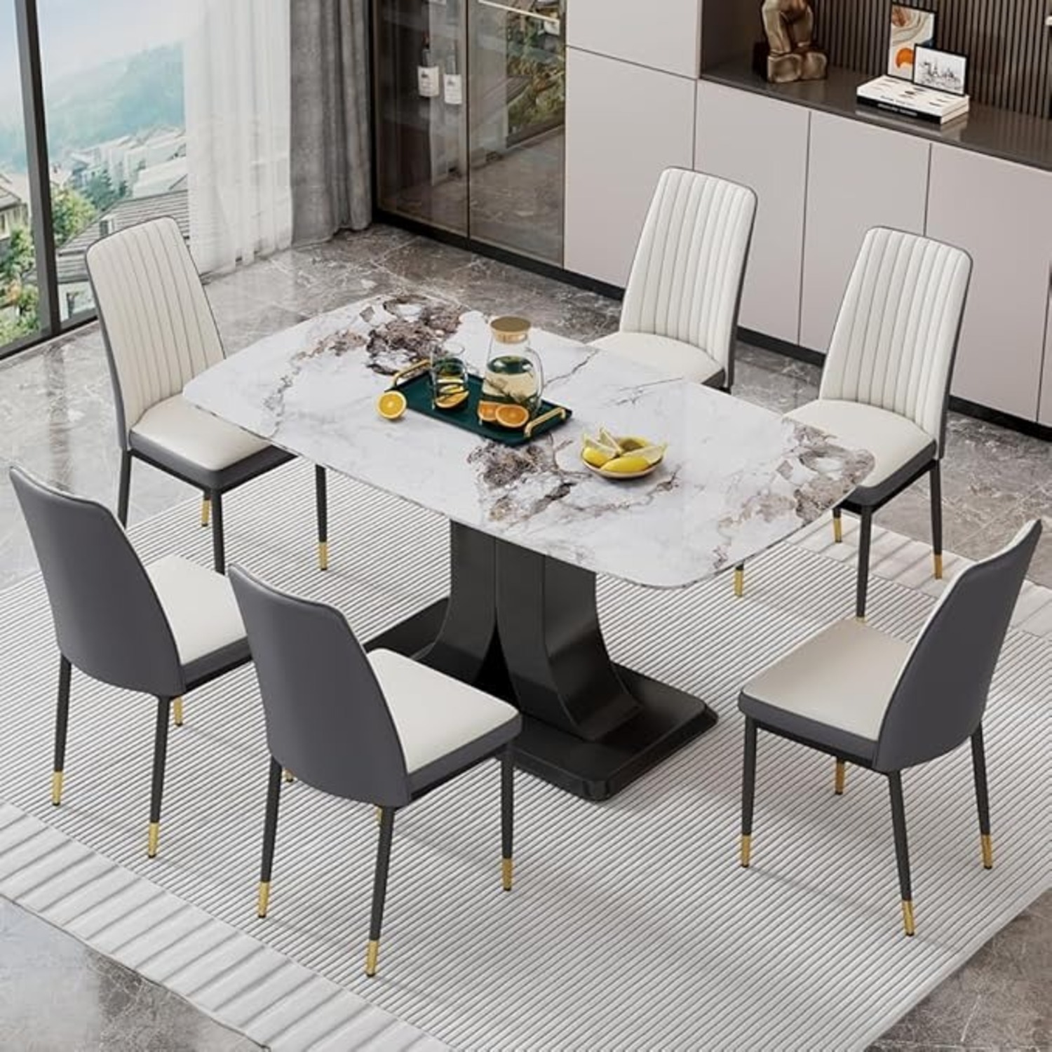 Amazon Dining Set Marble Top Table & 6 Dining Chairs - image-1