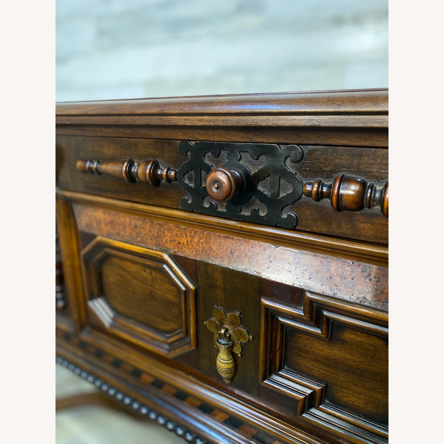 W&J Sloane Antique Jacobean Walnut Burl Buffet - image-12