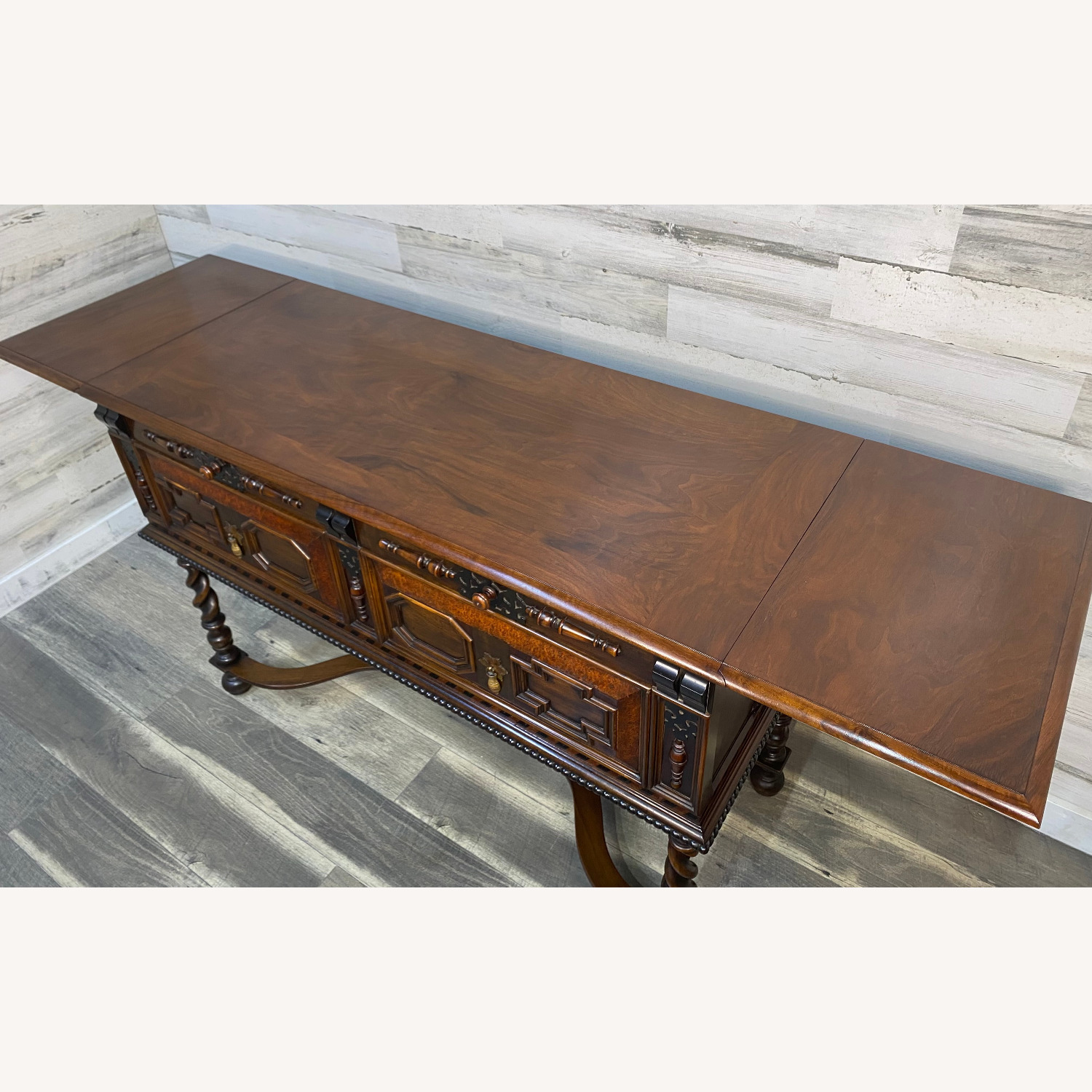 W&J Sloane Antique Jacobean Walnut Burl Buffet - image-7