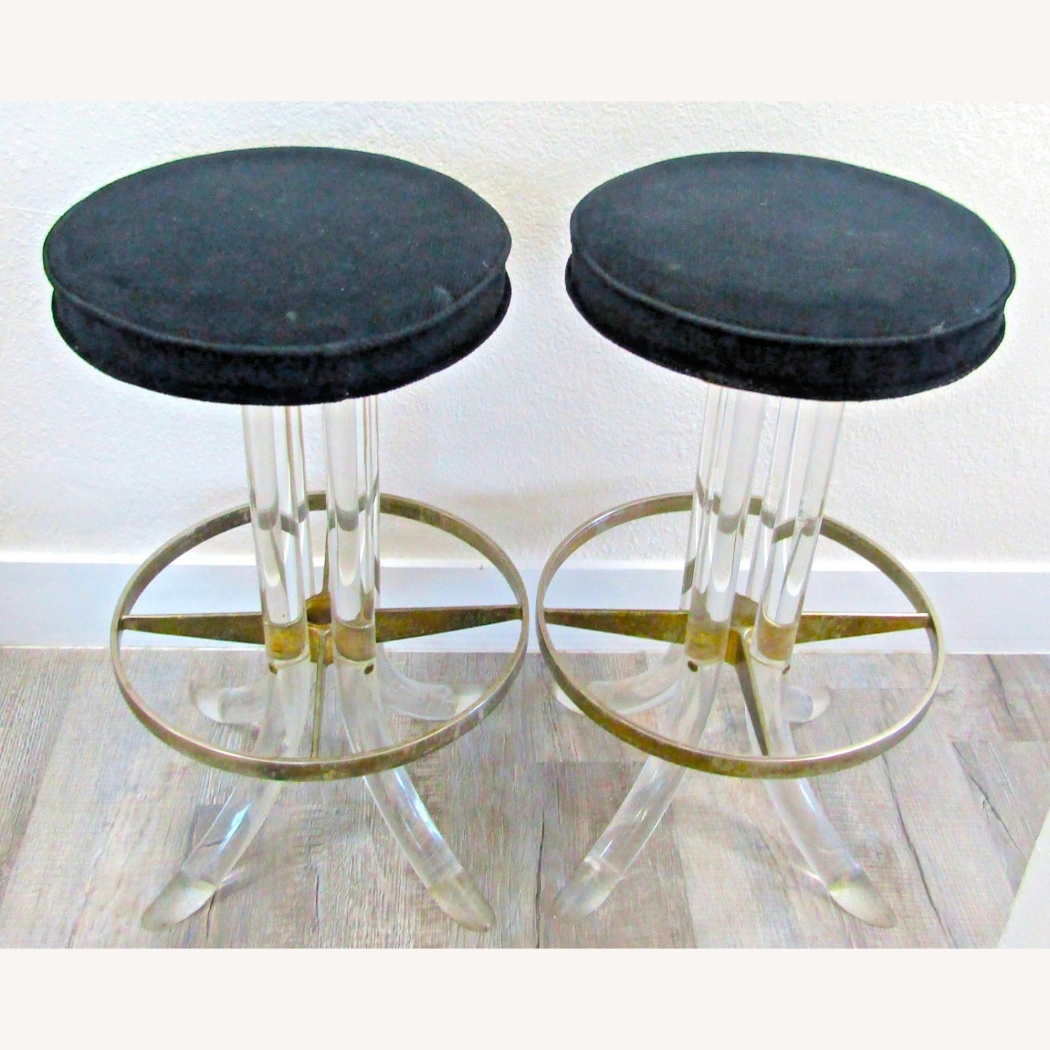 Pair Hollywood Regency Lucite Chrome Swivel Stools - image-1