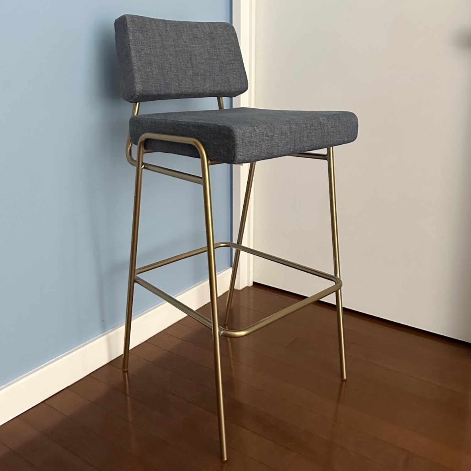 West Elm Wire Frame Bar Stools Blue Fabric Stools - image-6