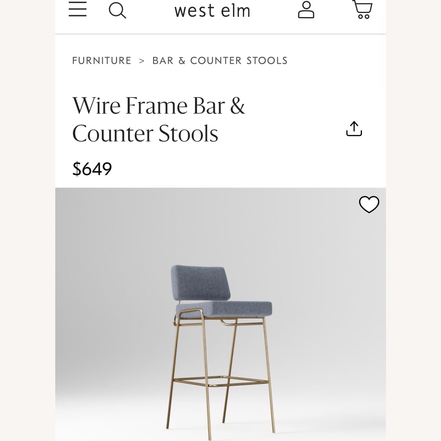 West Elm Wire Frame Bar Stools Blue Fabric Stools - image-3