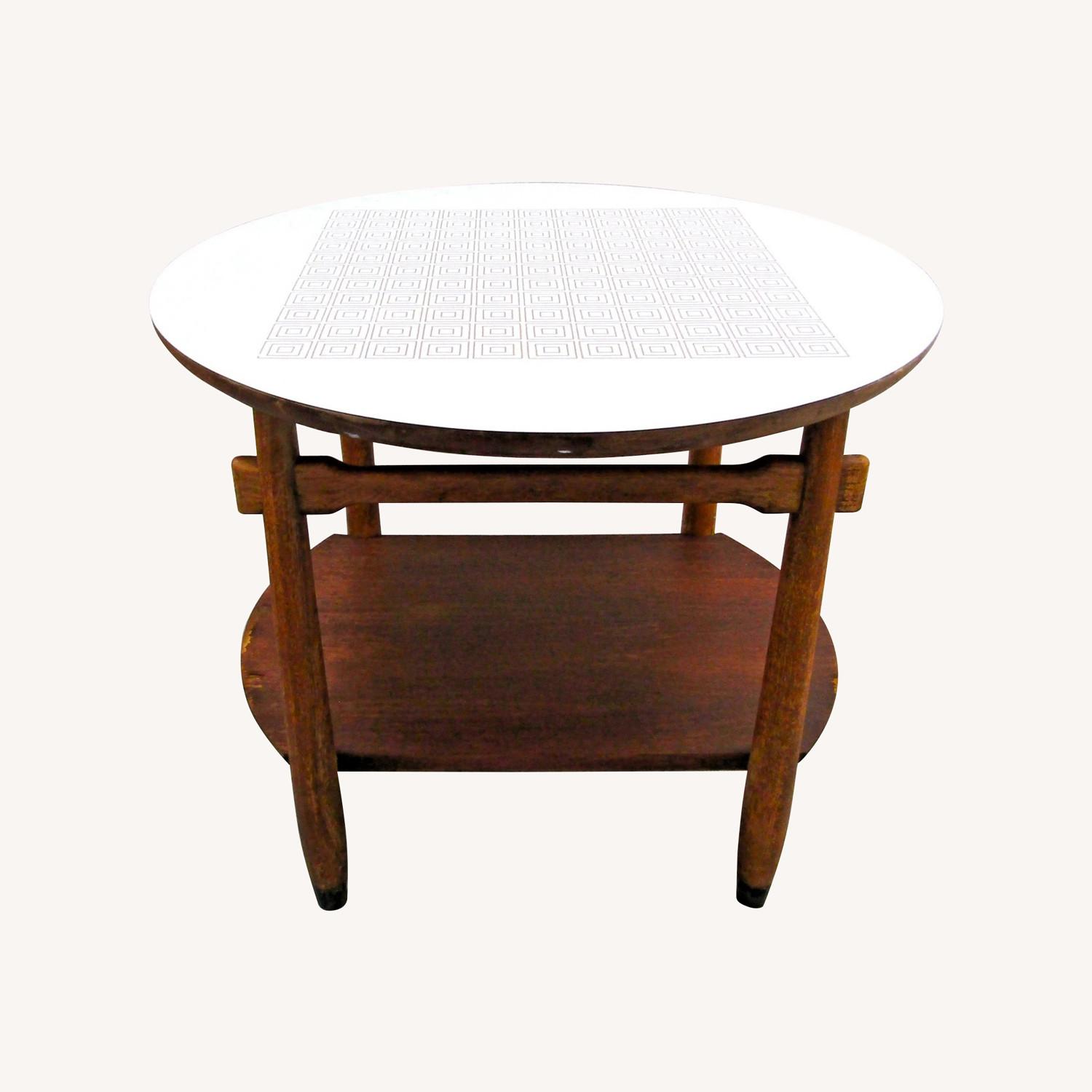 Vintage Lane Round Two Tier Greek Key Side Table - AptDeco