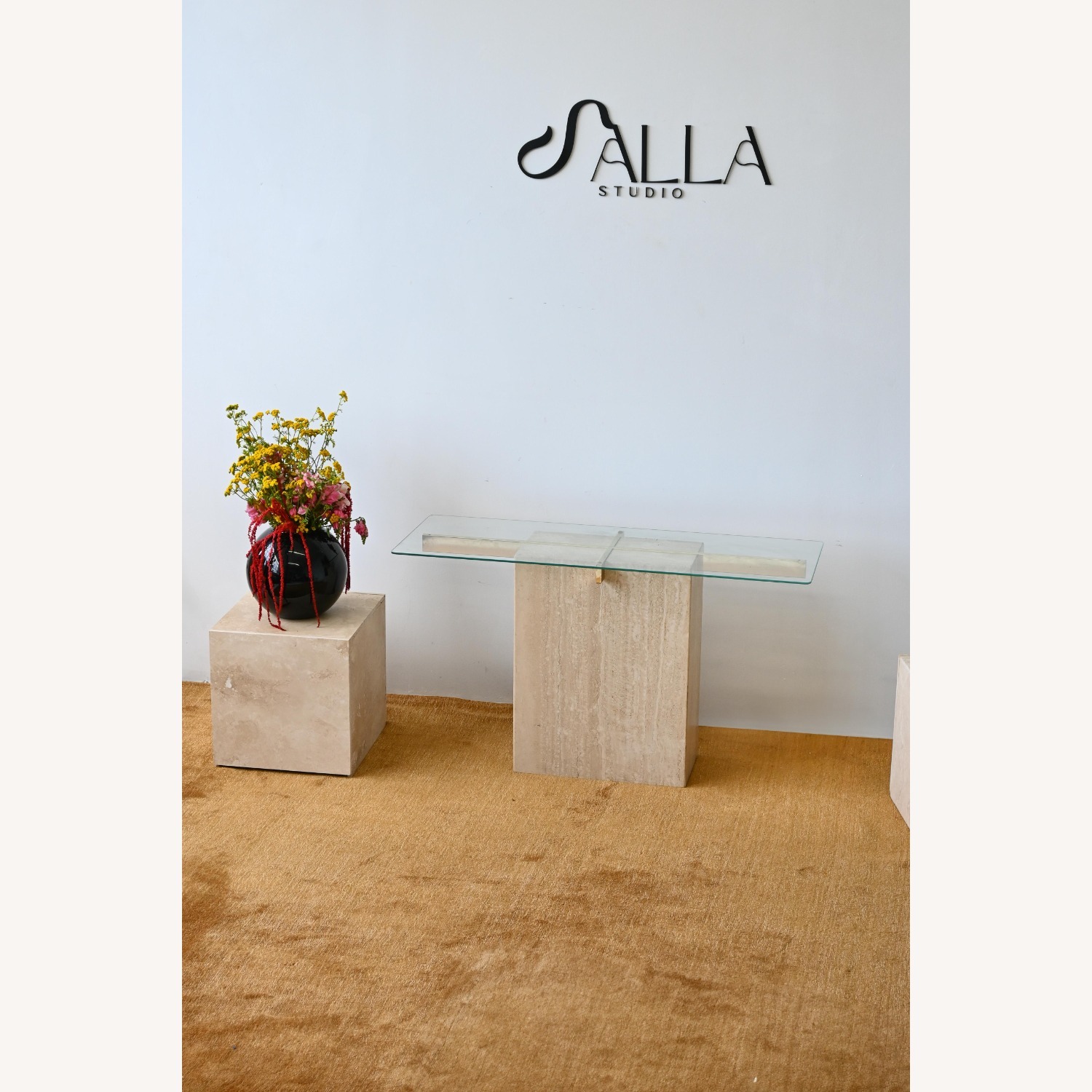 Mid-Century Travertine and Glass Console Table  - image-2