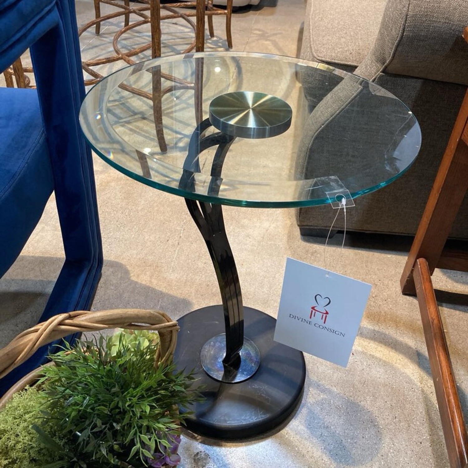 Sculptural Steel Base & Glass Top Side Table - image-2