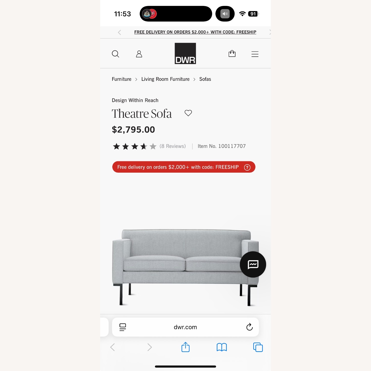 Design Within Reach Theatre Light Gray 2 Seater Sofa - image-4