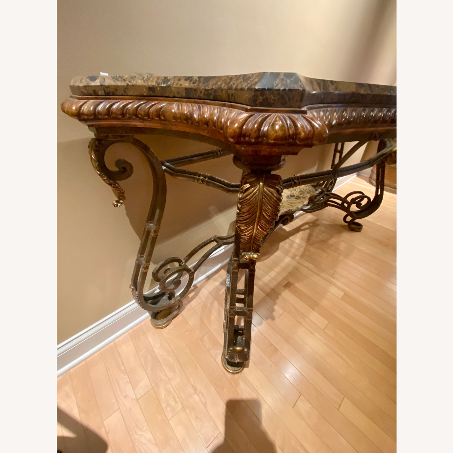 Ornate Table W Stone, Iron & Glass Top - image-2