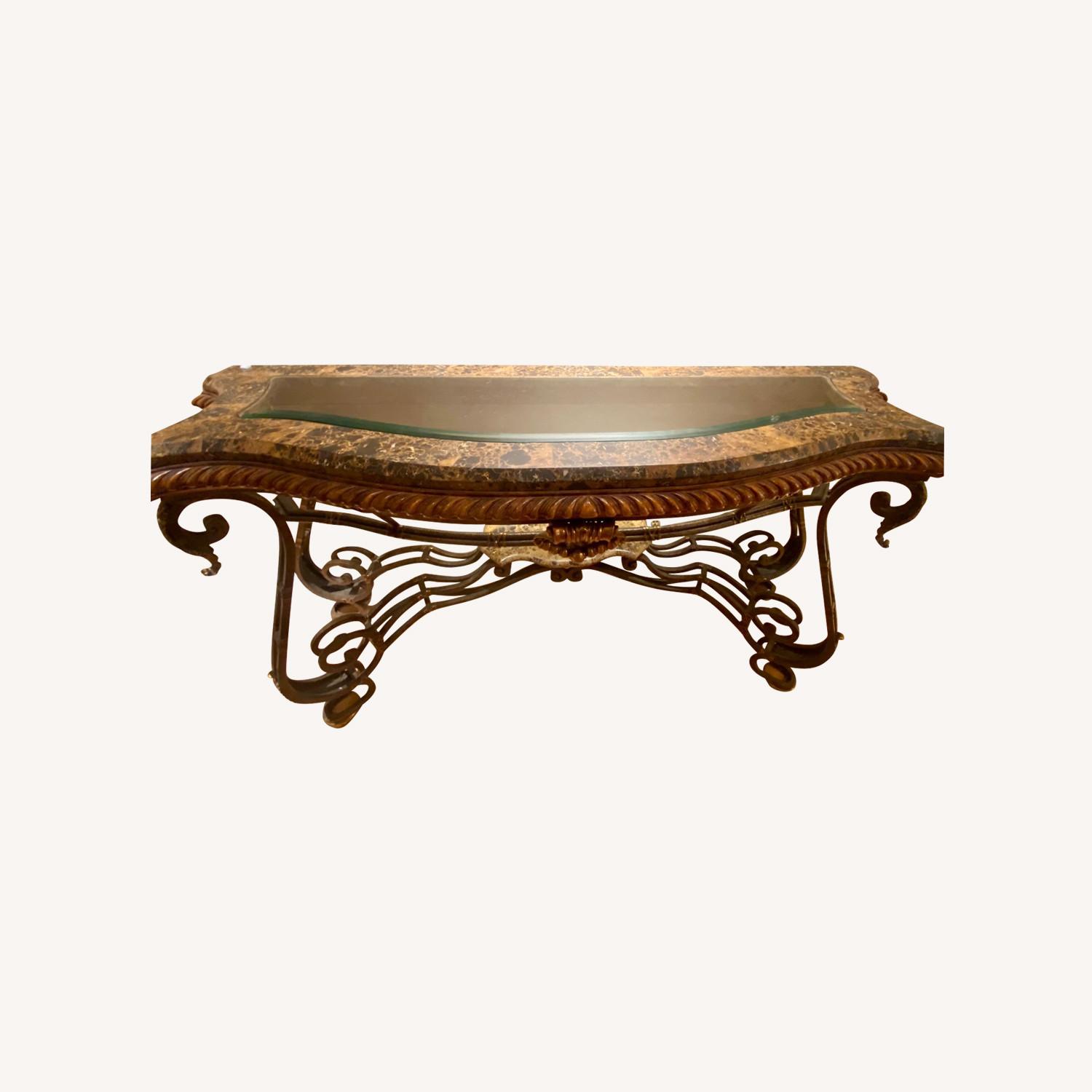 Ornate Table W Stone, Iron & Glass Top - image-0