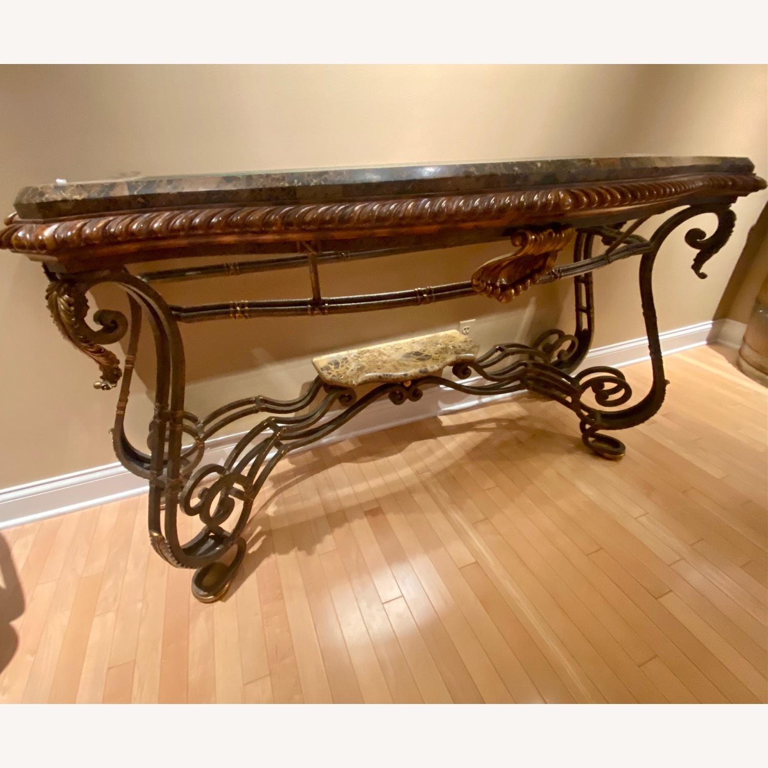 Ornate Table W Stone, Iron & Glass Top - image-4