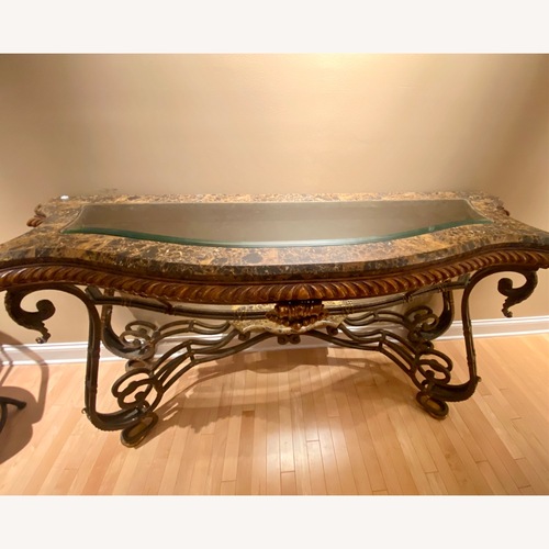 Used Ornate Table W Stone, Iron & Glass Top for sale on AptDeco