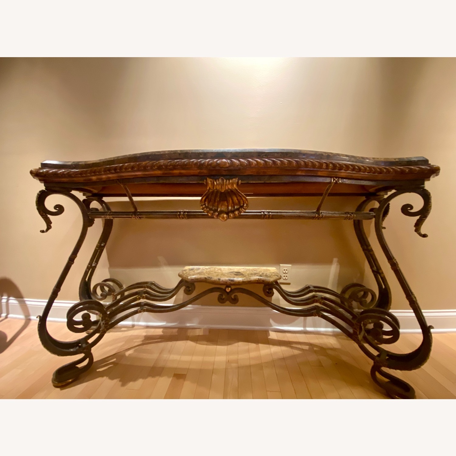 Ornate Table W Stone, Iron & Glass Top - image-3