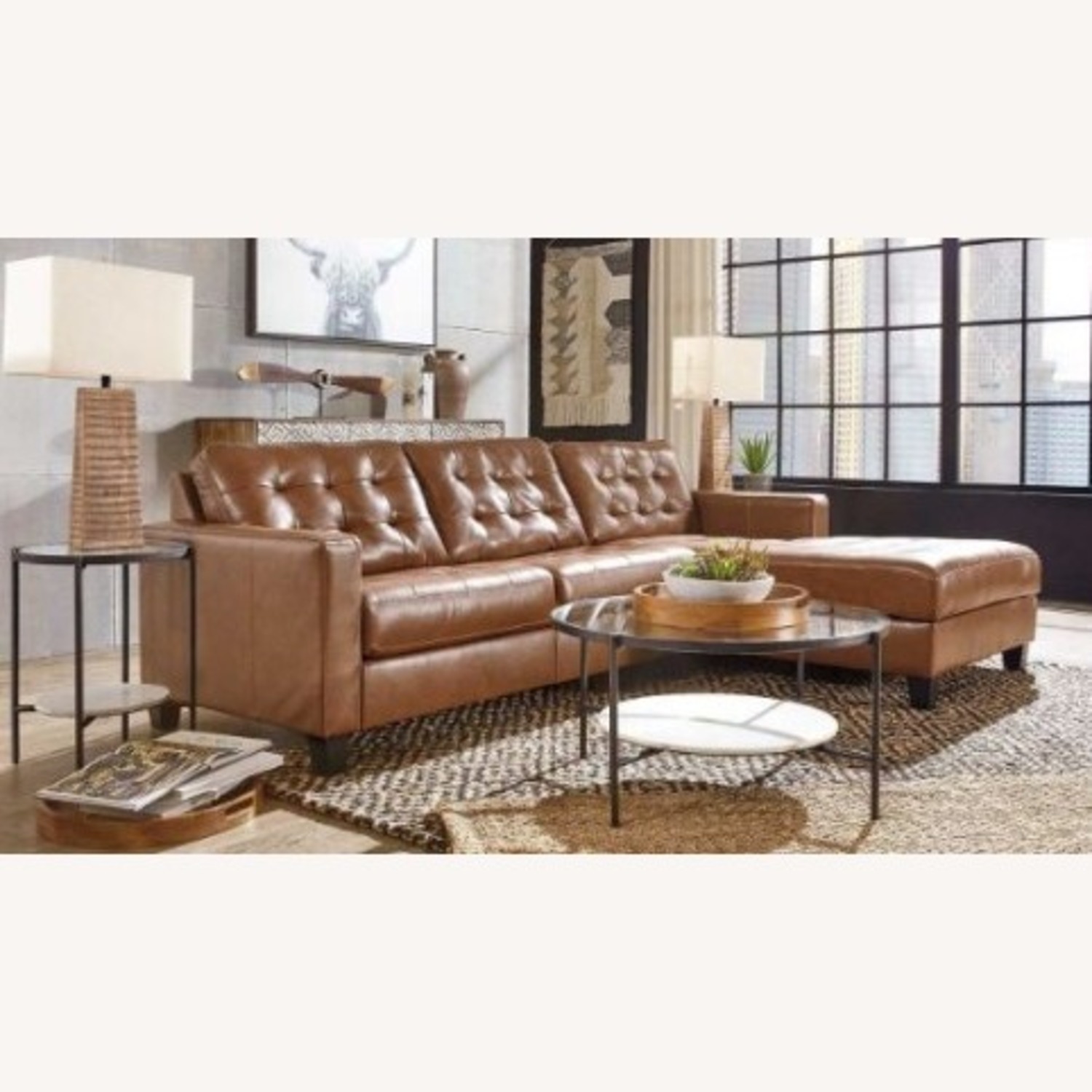 2PC Brown Leather Sectional W RAF Chaise - image-2