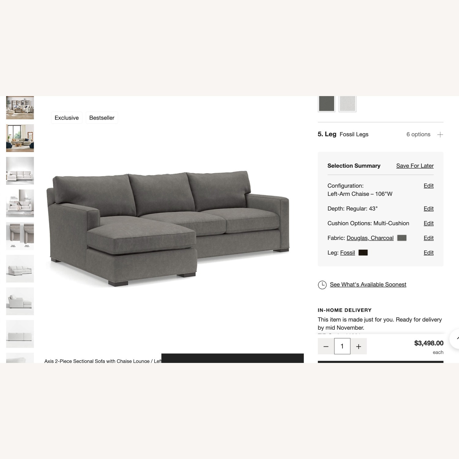 Crate & Barrel Dark Gray Fabric 2 Piece Sectional - image-4