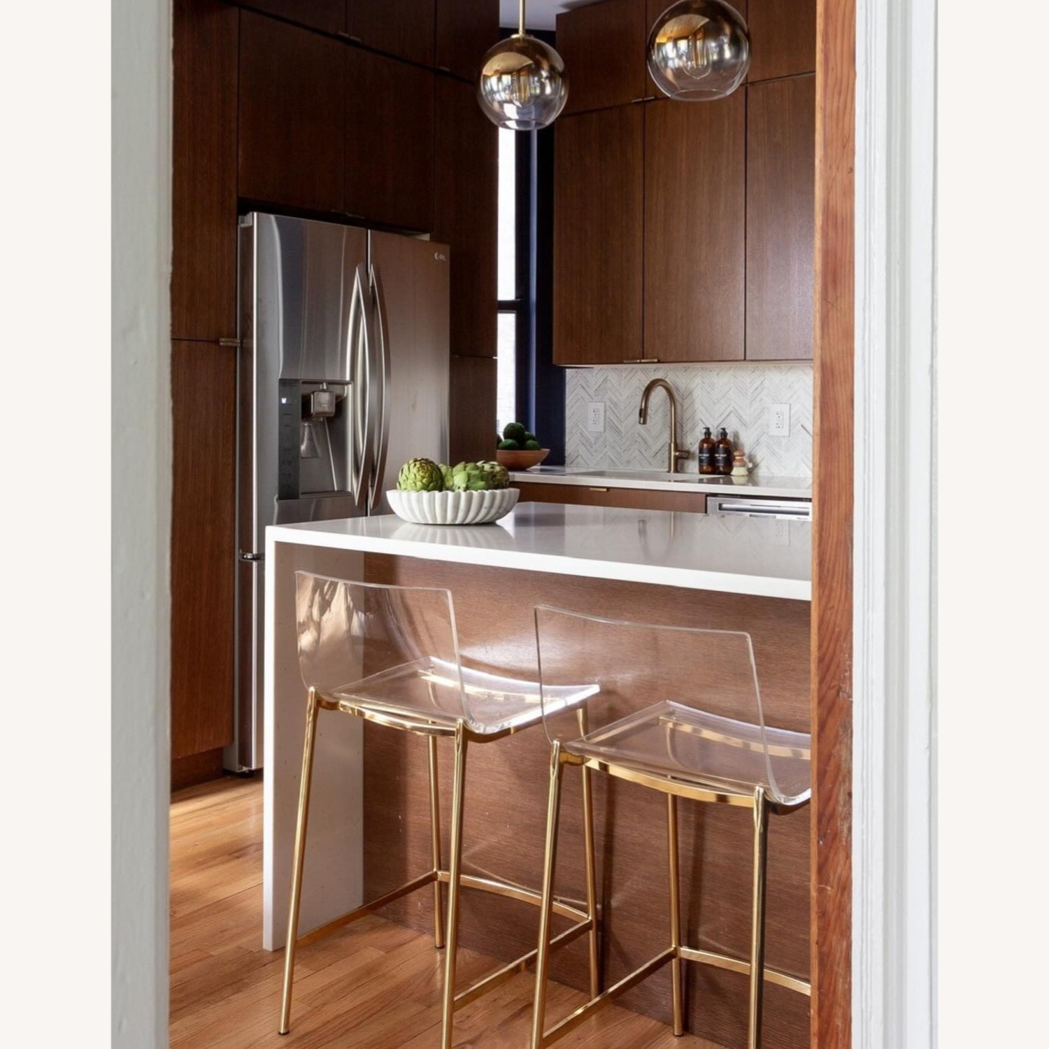 2 CB2 Chiaro Clear Acrylic Stools with Gold Legs - image-6