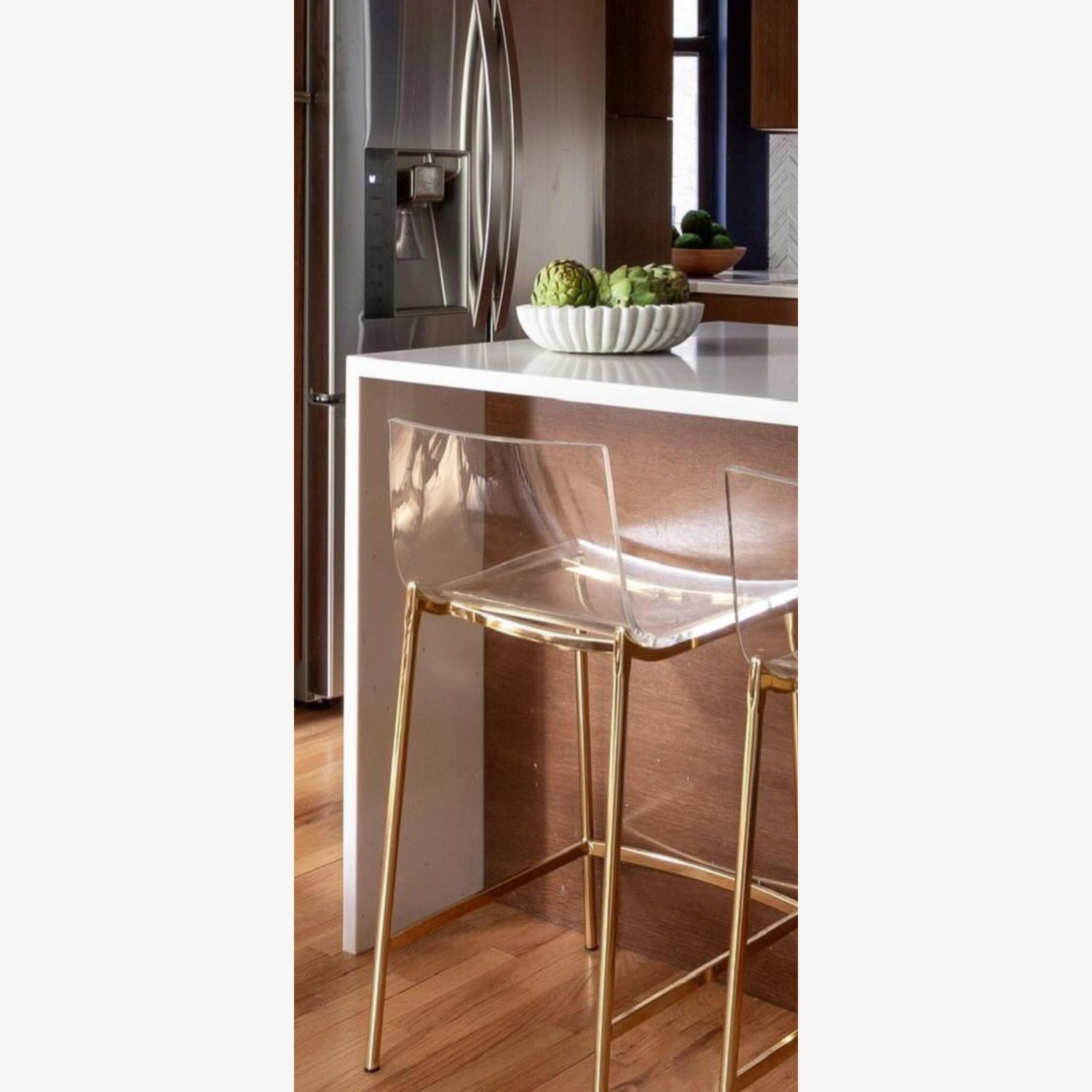 2 CB2 Chiaro Clear Acrylic Stools with Gold Legs - image-12