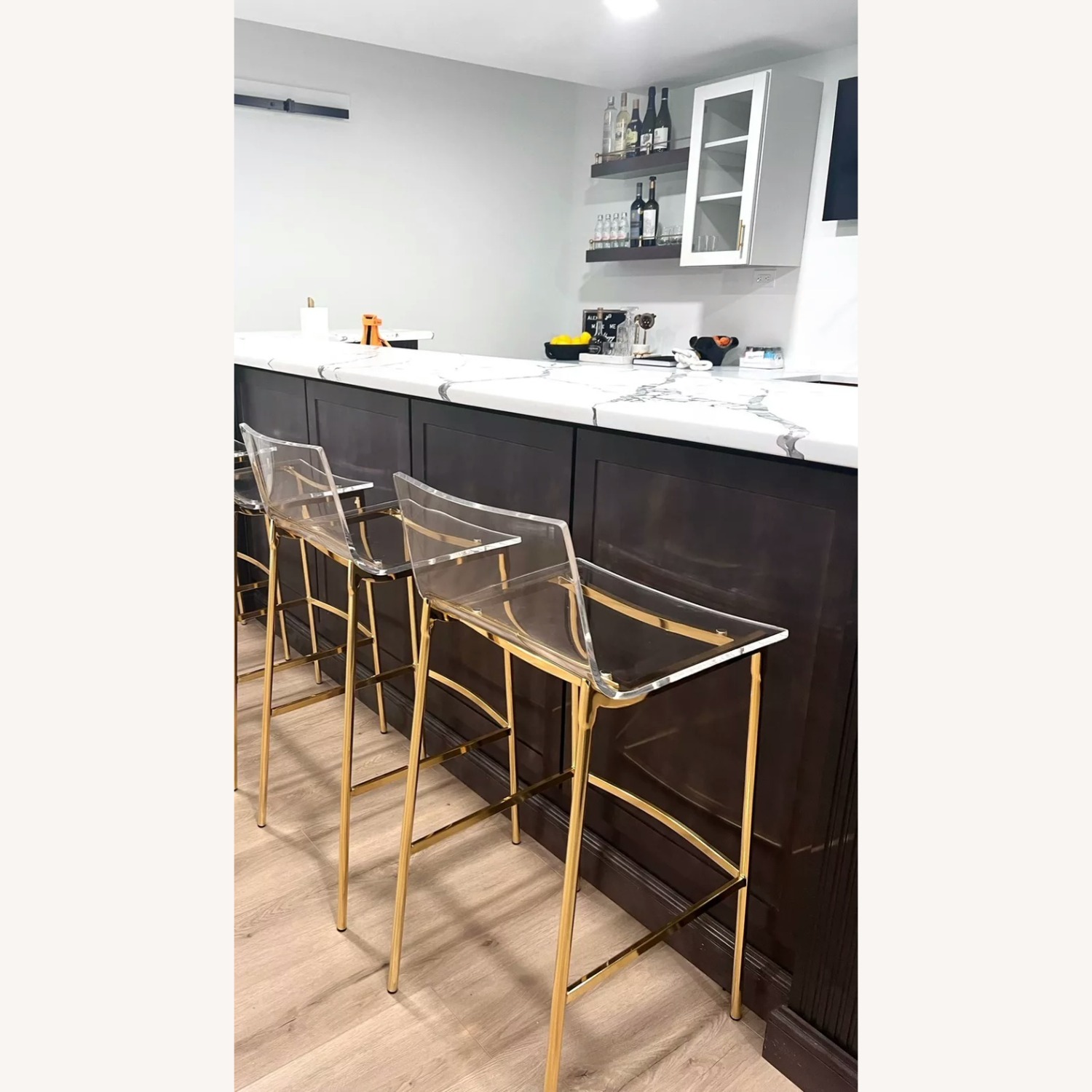 2 CB2 Chiaro Clear Acrylic Stools with Gold Legs - image-11